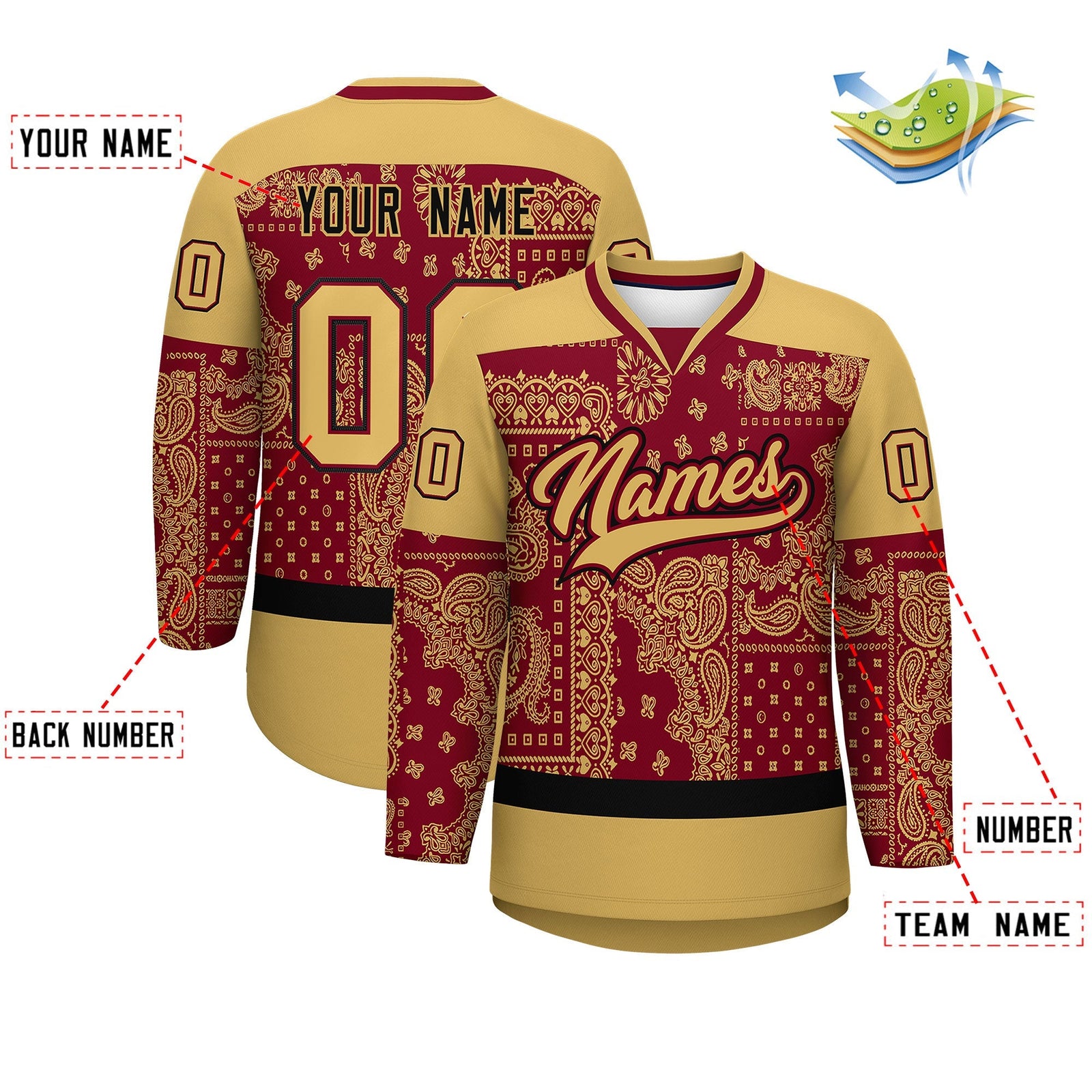 Custom Old Gold Crimson Black Cashew Flower Graffiti Pattern V-Neck Hockey Jersey| KXKSHOP