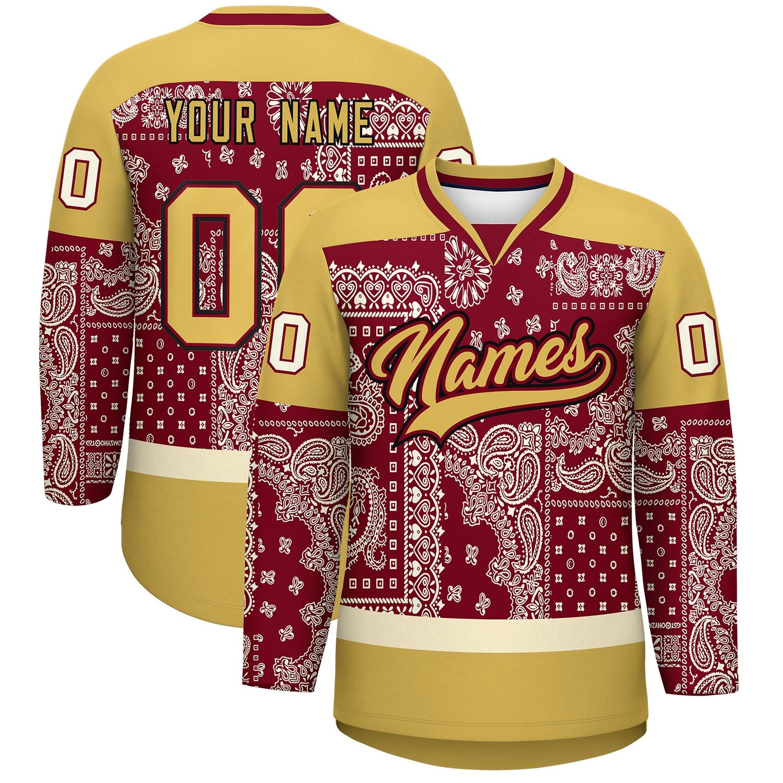 Custom Old Gold Crimson Cream Cashew Flower Graffiti Pattern V-Neck Hockey Jersey| KXKSHOP