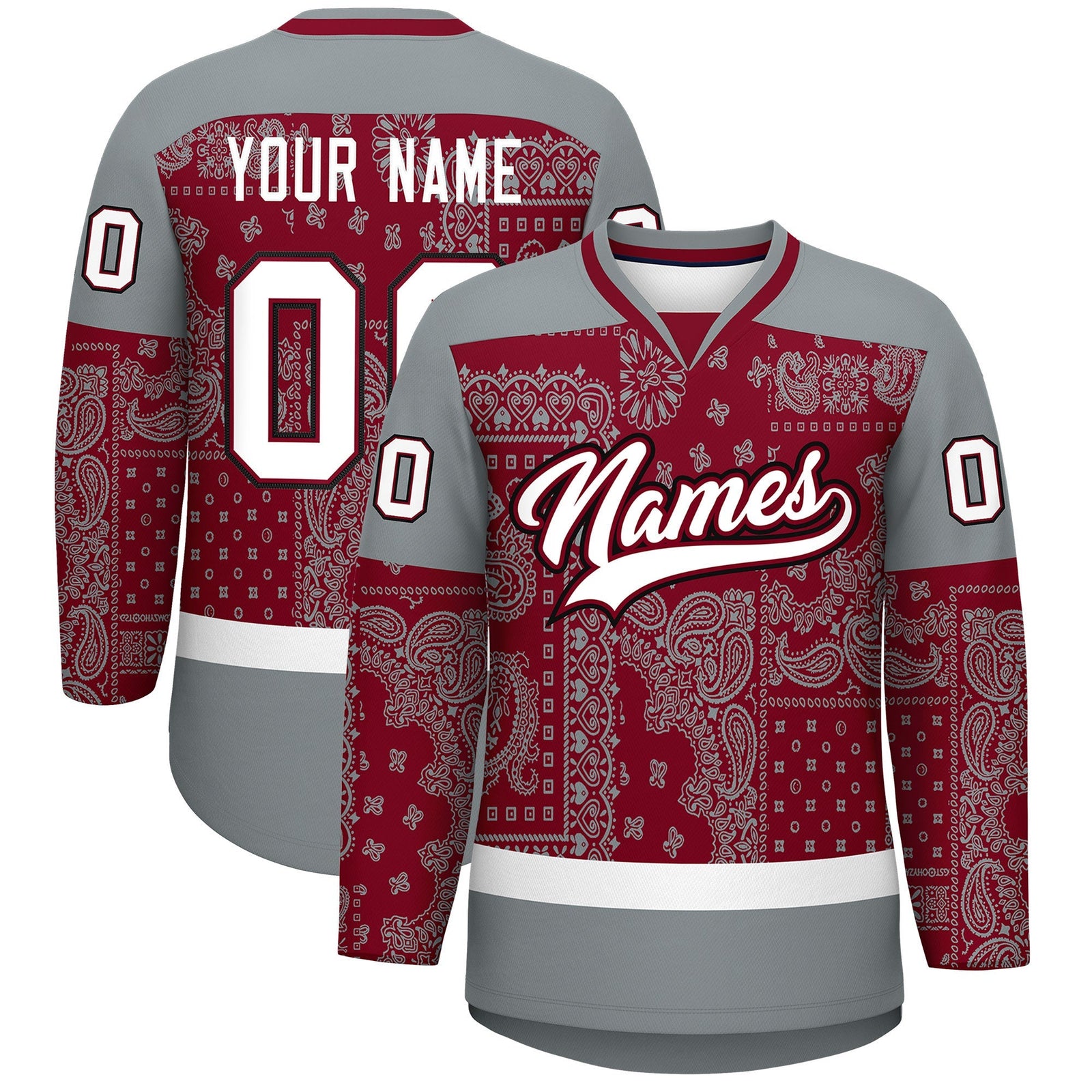 Custom Silver Gray Crimson White Cashew Flower Graffiti Pattern V-Neck Hockey Jersey| KXKSHOP