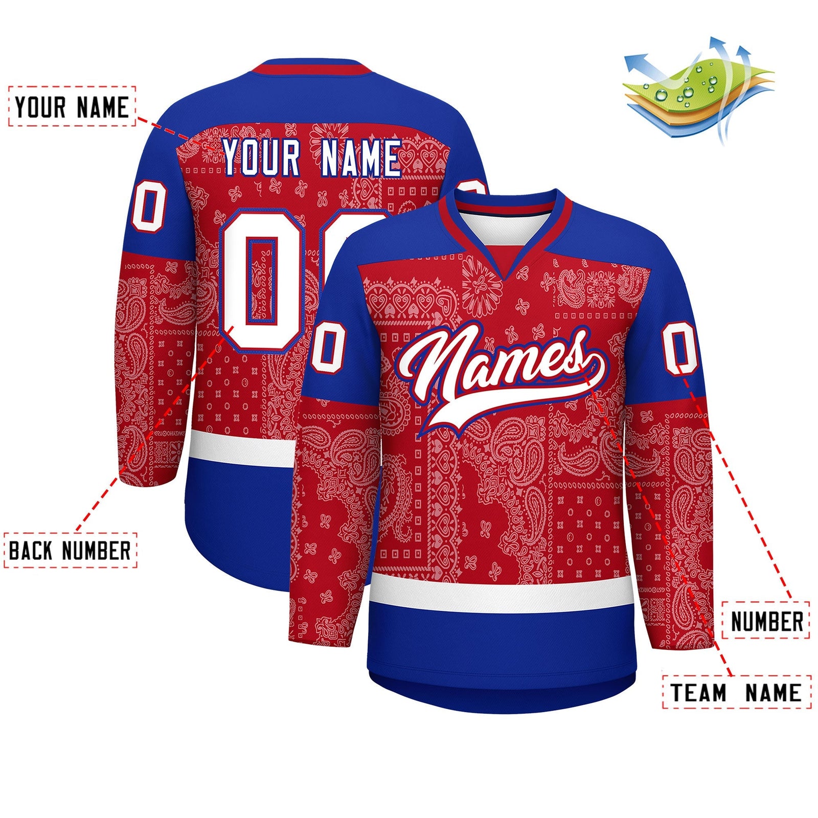 Custom Royal White Red Cashew Flower Graffiti Pattern V-Neck Hockey Jersey| KXKSHOP