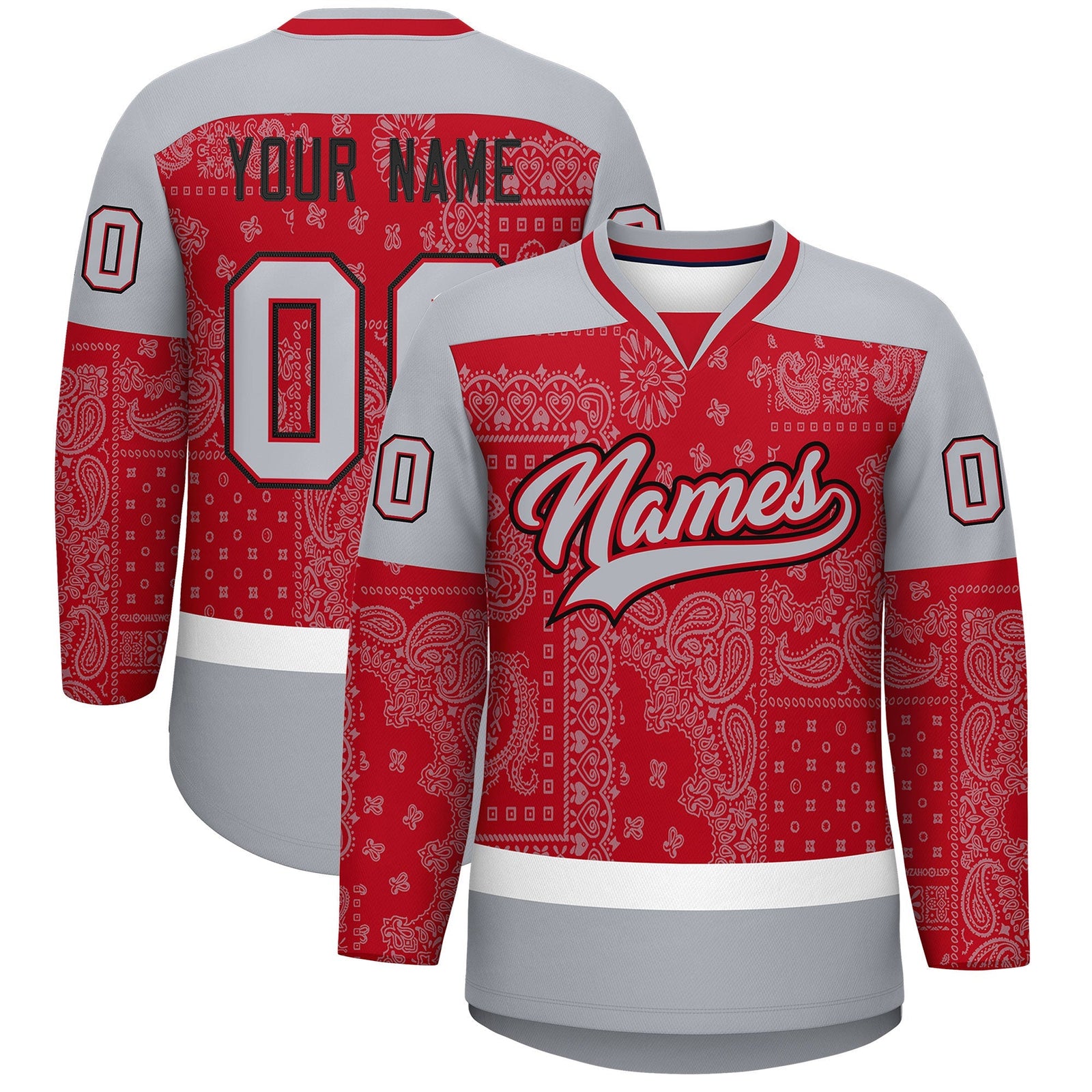 Custom Gray Red White Cashew Flower Graffiti Pattern V-Neck Hockey Jersey| KXKSHOP