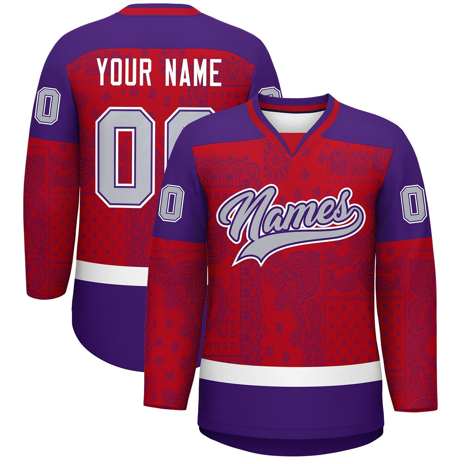 Custom Purple Red White Cashew Flower Graffiti Pattern V-Neck Hockey Jersey| KXKSHOP