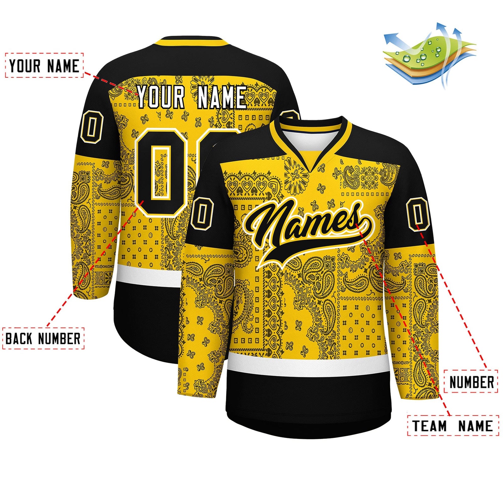 Custom Black Gold White Cashew Flower Graffiti Pattern V-Neck Hockey Jersey| KXKSHOP