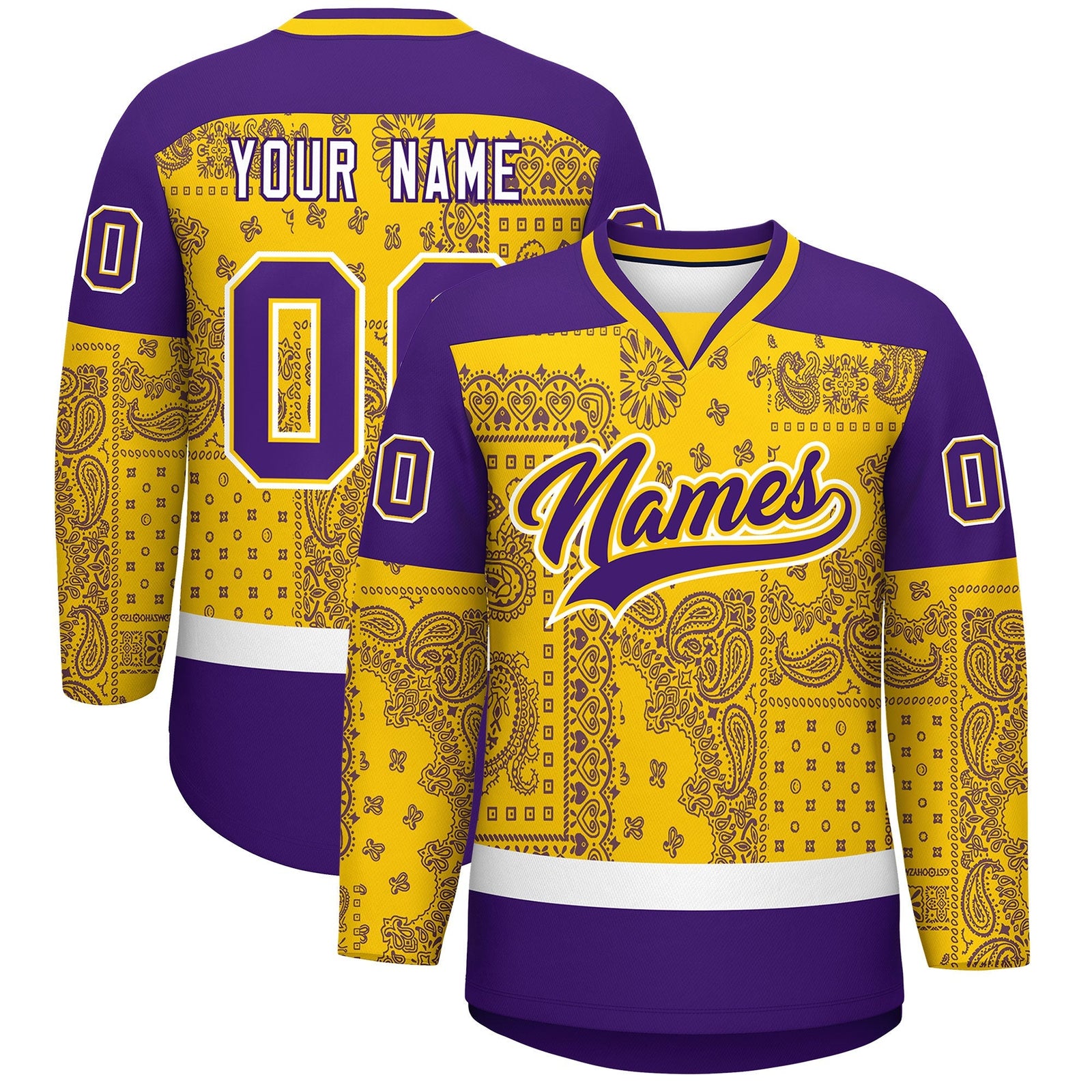 Custom Purple Gold White Cashew Flower Graffiti Pattern V-Neck Hockey Jersey| KXKSHOP