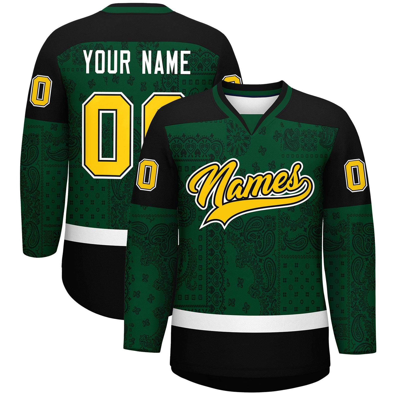 Custom Green Black White Cashew Flower Graffiti Pattern V-Neck Hockey Jersey| KXKSHOP