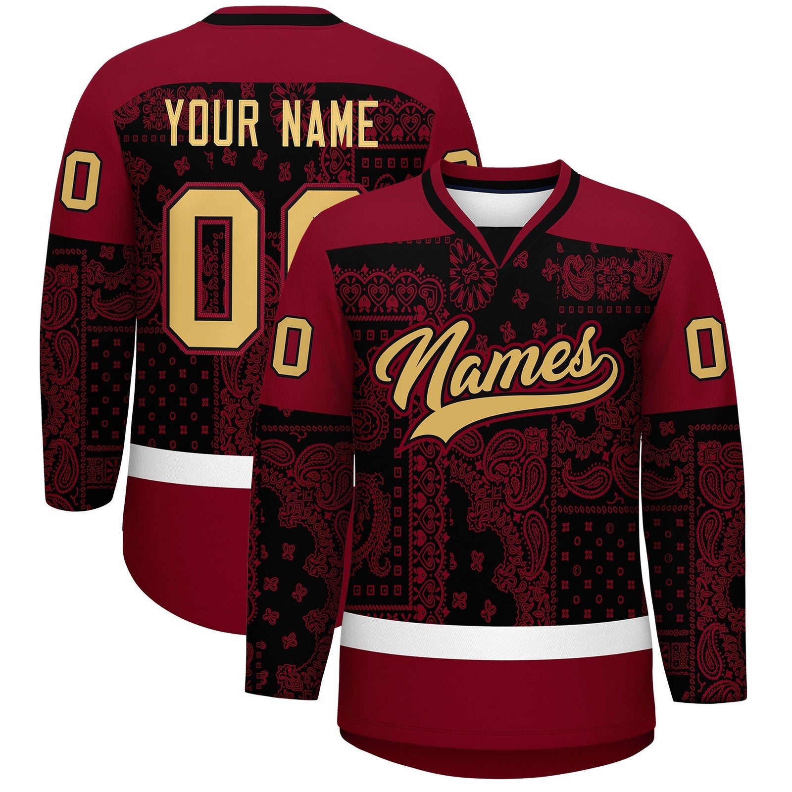 Custom Crimson Black White Cashew Flower Graffiti Pattern V-Neck Hockey Jersey| KXKSHOP