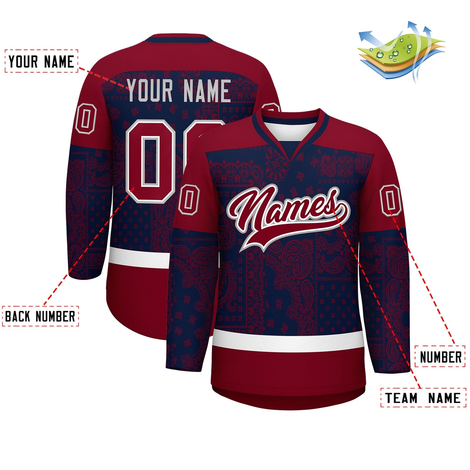 Custom Crimson Navy White Cashew Flower Graffiti Pattern V-Neck Hockey Jersey| KXKSHOP