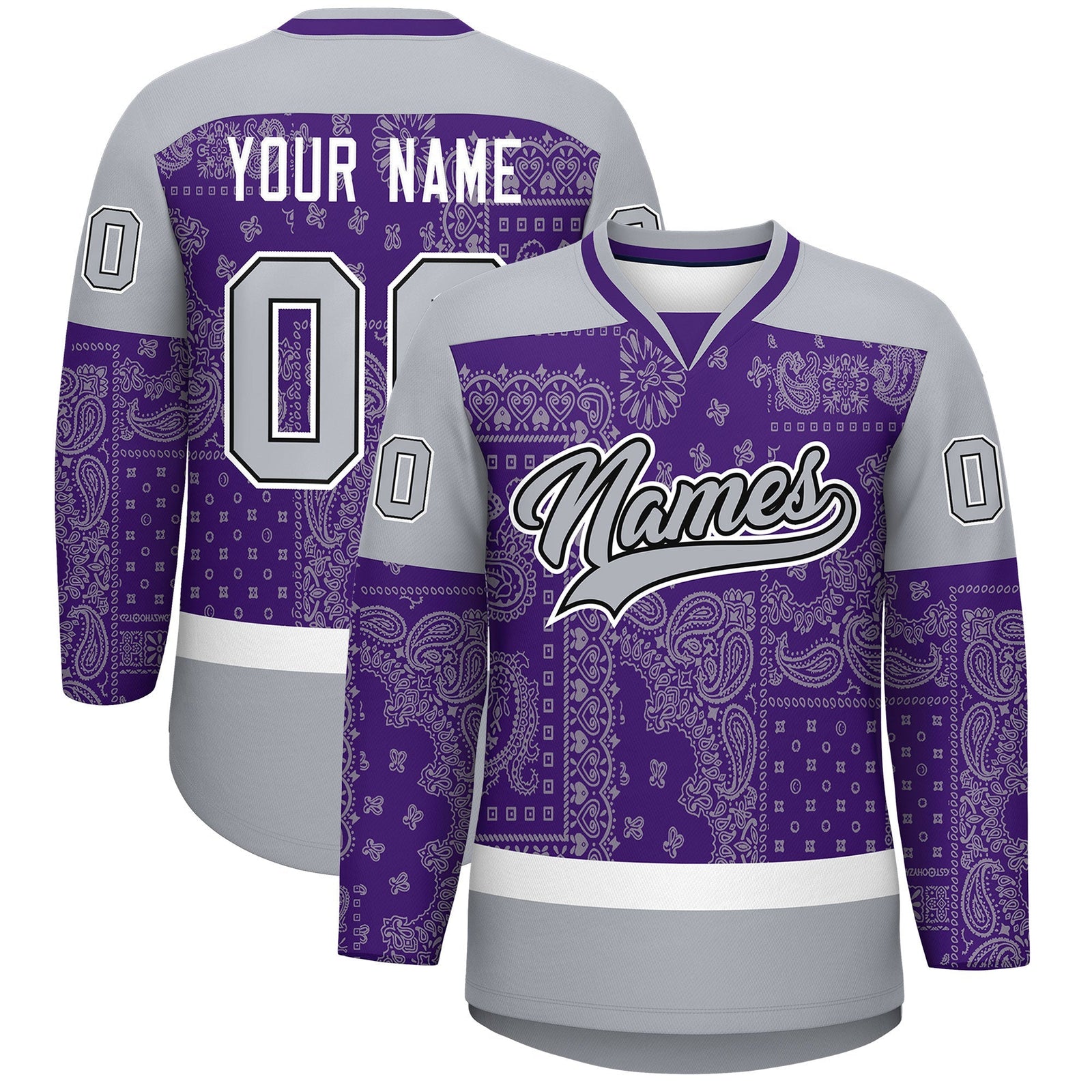 Custom Gray Purple White Cashew Flower Graffiti Pattern V-Neck Hockey Jersey| KXKSHOP