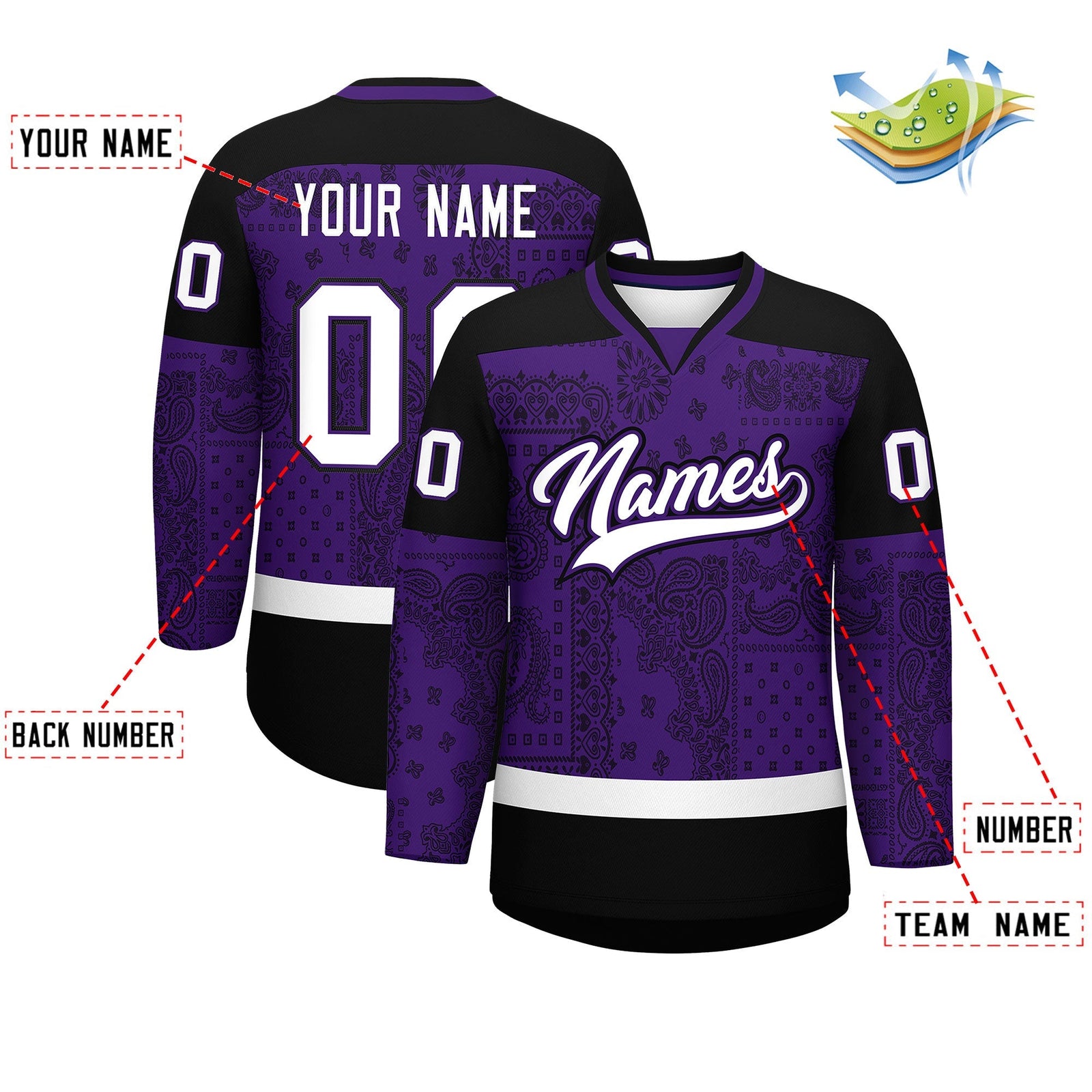 Custom Black White Purple Cashew Flower Graffiti Pattern V-Neck Hockey Jersey| KXKSHOP