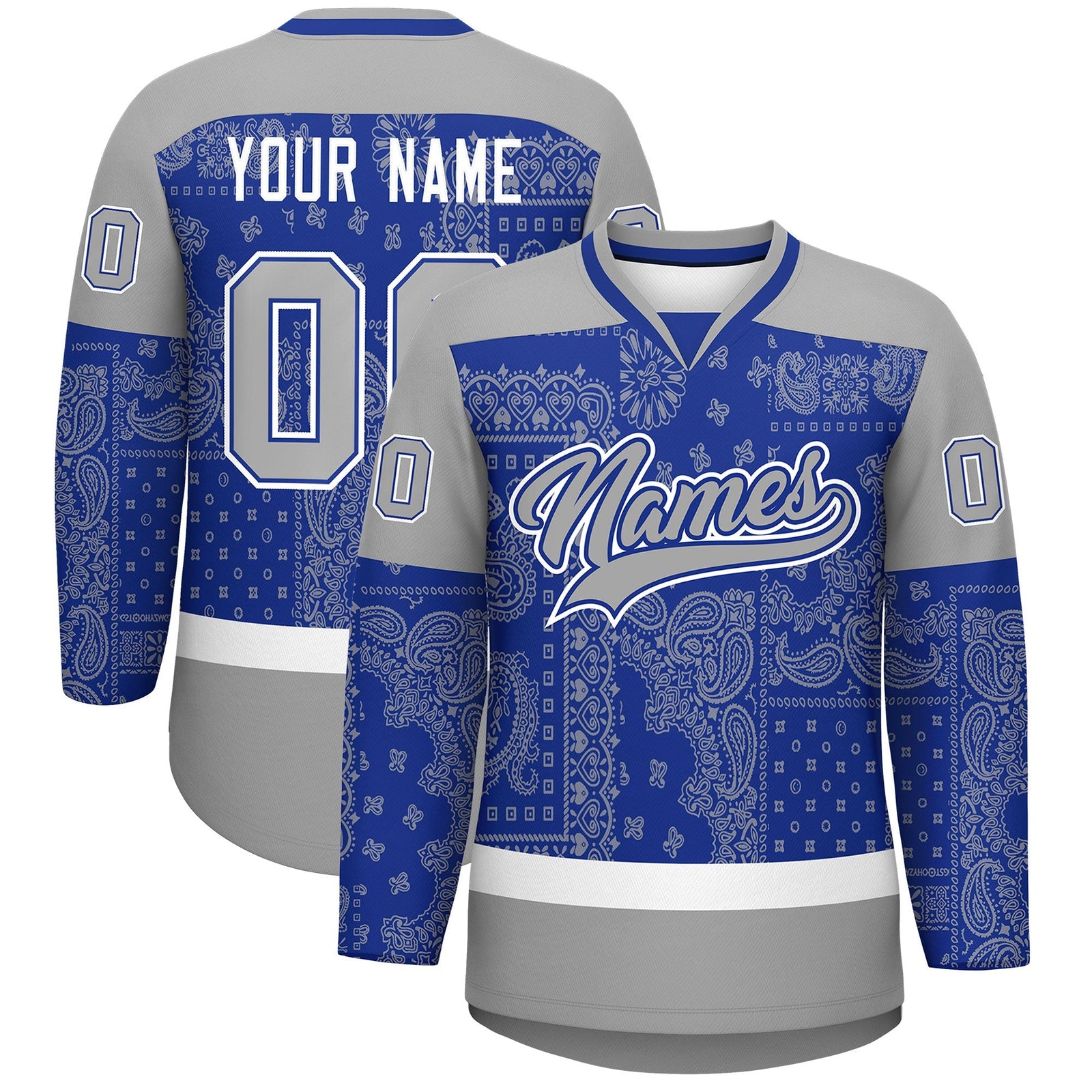 Custom Gray Royal White Cashew Flower Graffiti Pattern V-Neck Hockey Jersey| KXKSHOP
