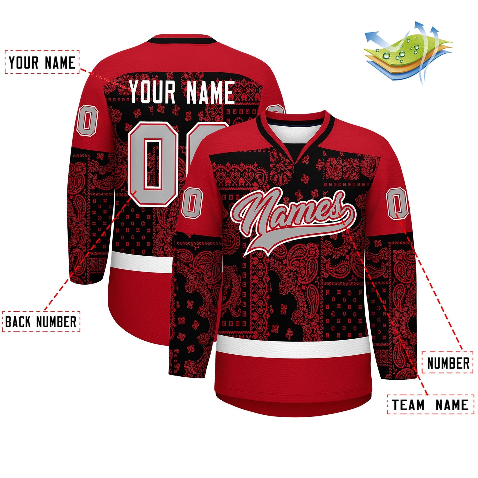 Custom Red Black White Cashew Flower Graffiti Pattern V-Neck Hockey Jersey| KXKSHOP
