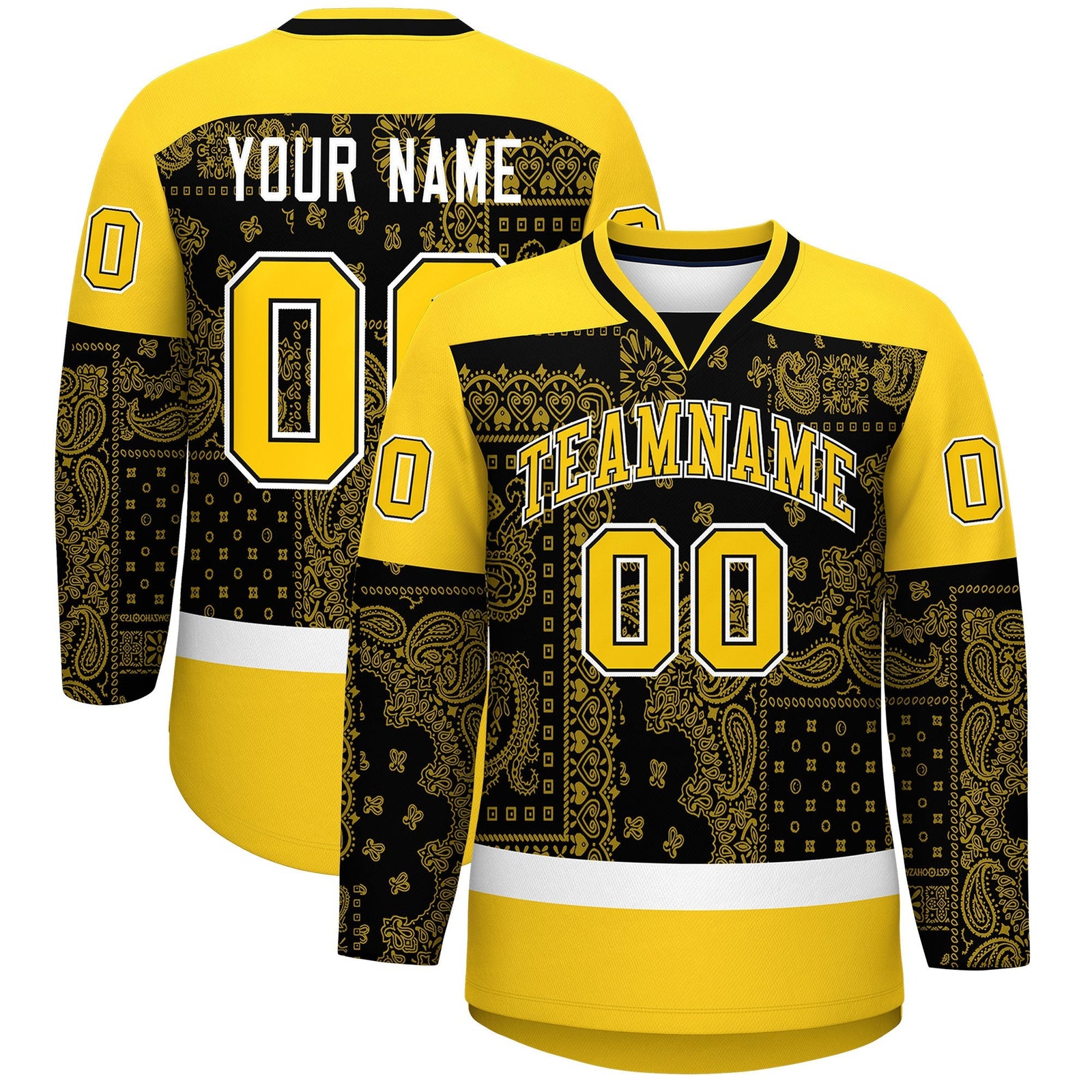Custom Gold White Black Cashew Flower Graffiti Pattern V-Neck Hockey Jersey| KXKSHOP