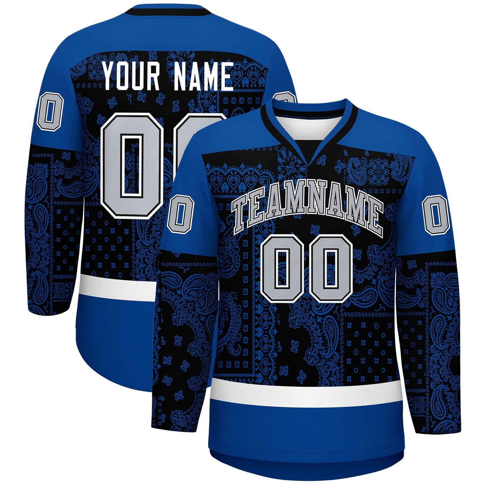 Custom Royal White Black Cashew Flower Graffiti Pattern V-Neck Hockey Jersey| KXKSHOP