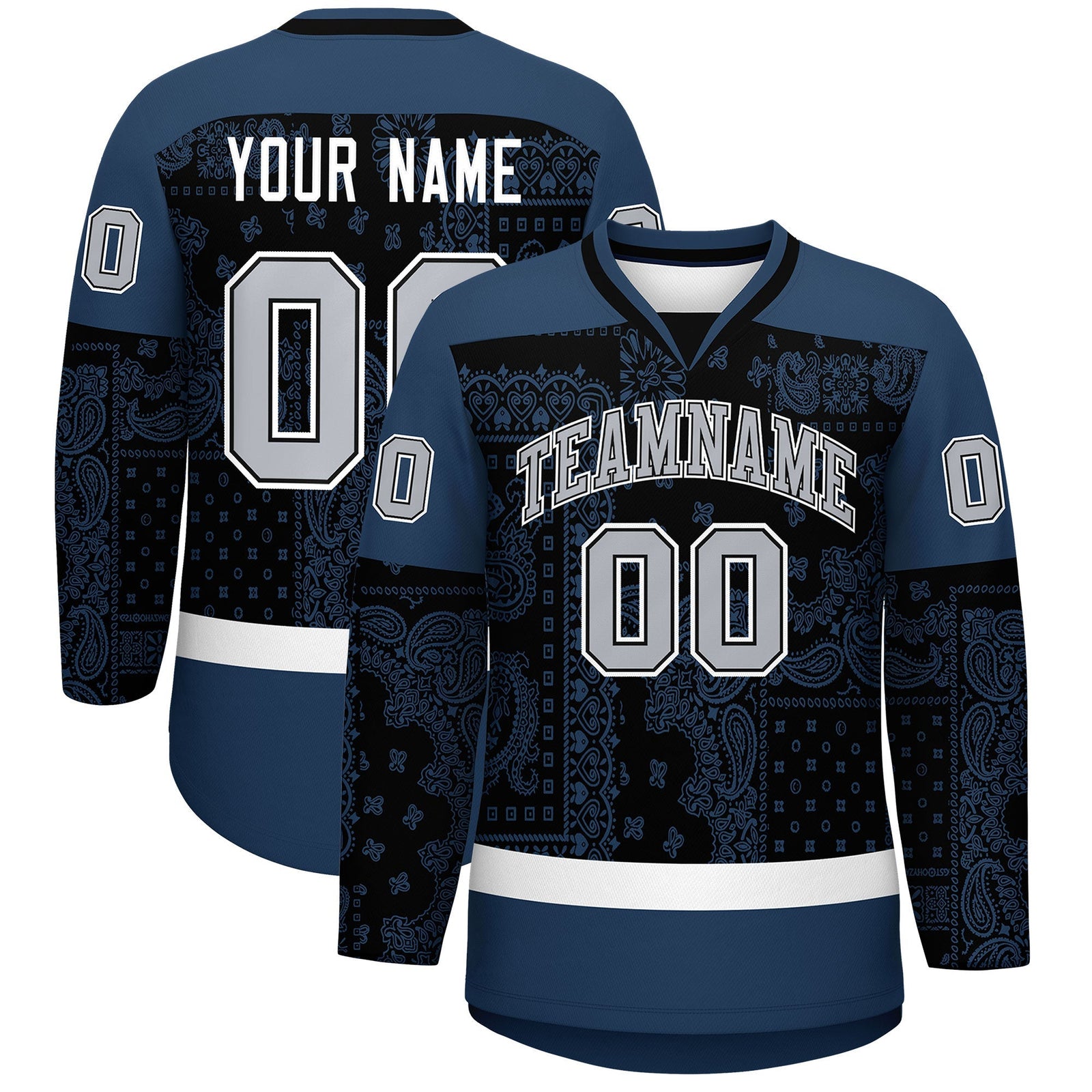 Custom Midnight Blue White Black Cashew Flower Graffiti Pattern V-Neck Hockey Jersey| KXKSHOP