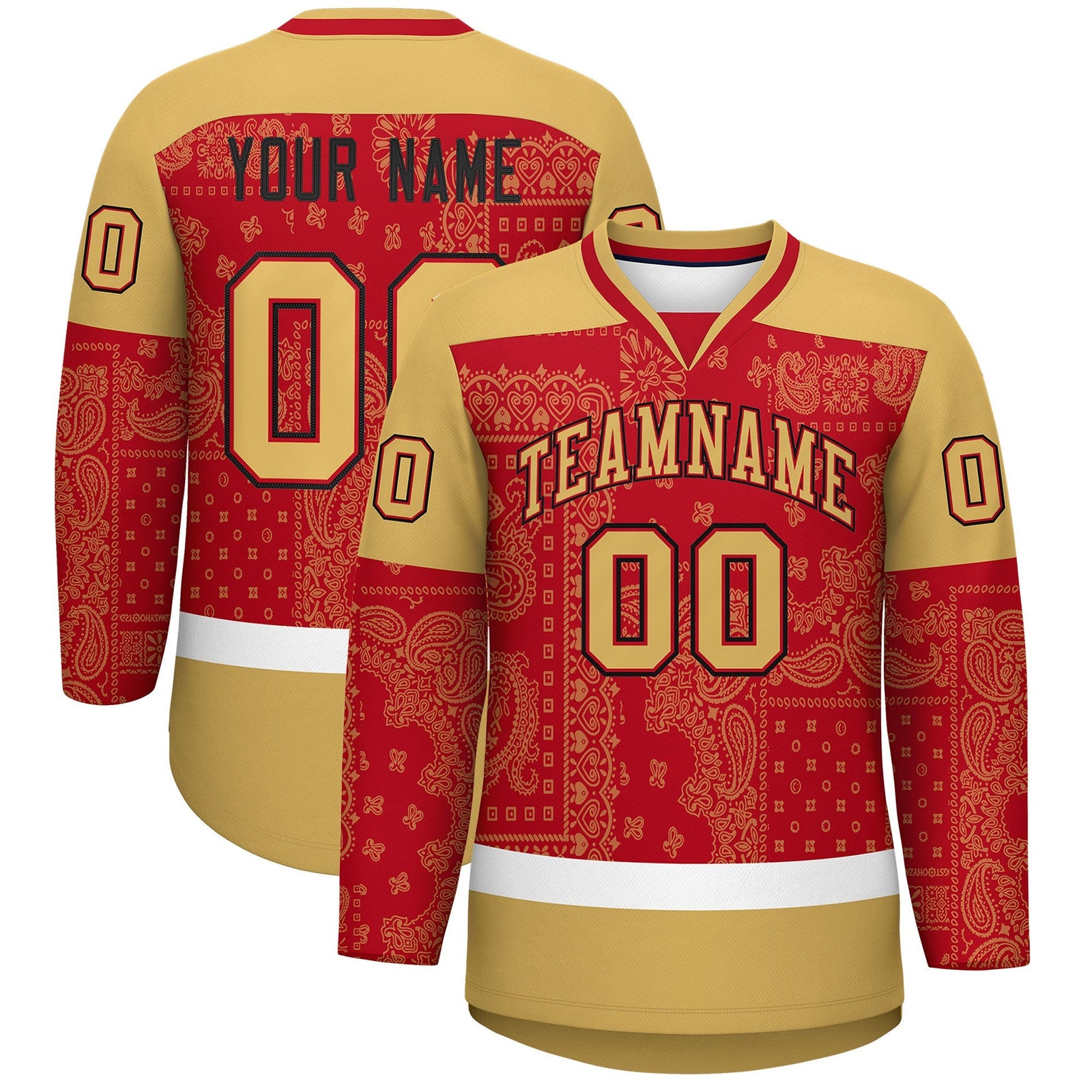 Custom Old Gold Red White Cashew Flower Graffiti Pattern V-Neck Hockey Jersey| KXKSHOP