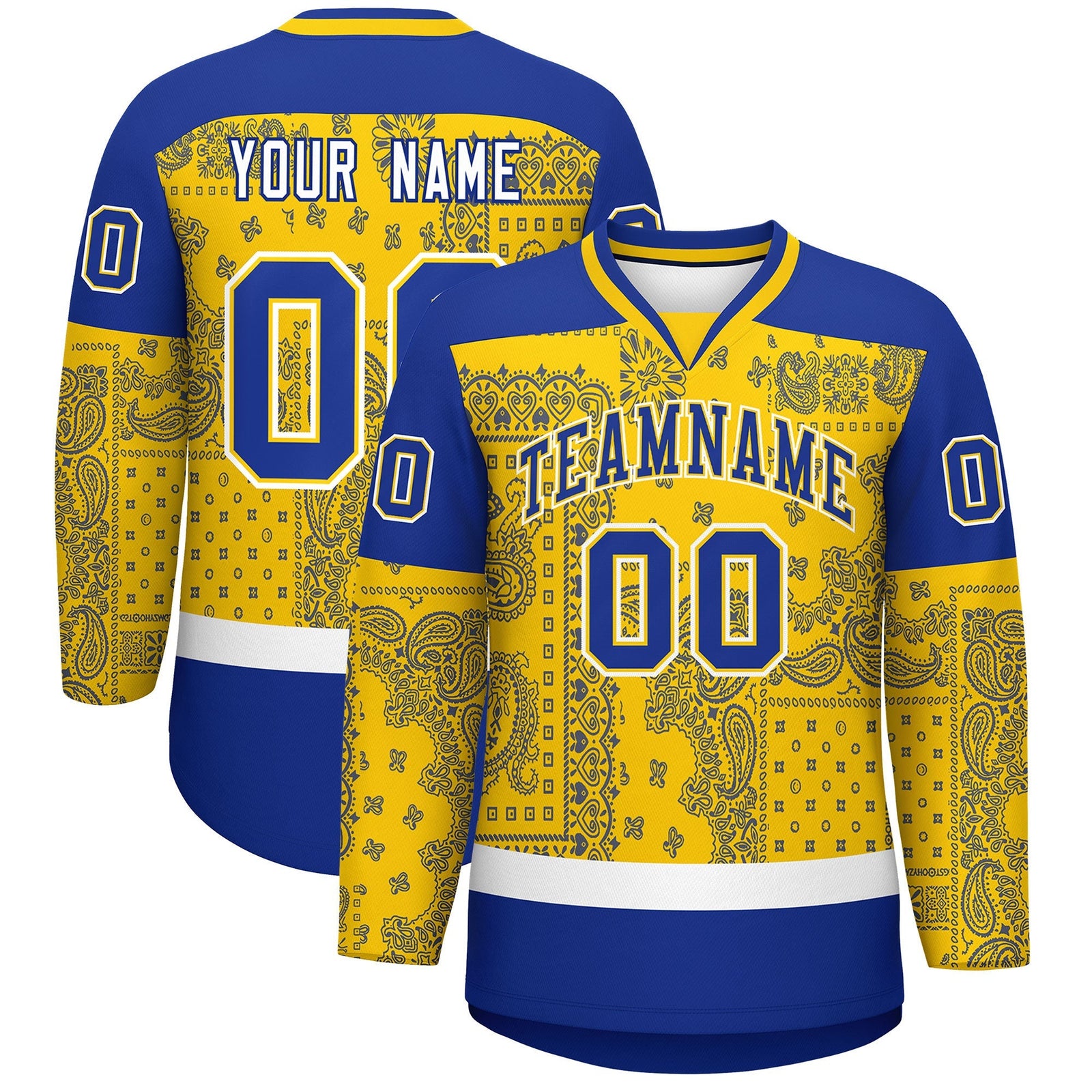 Custom Royal Gold White Cashew Flower Graffiti Pattern V-Neck Hockey Jersey| KXKSHOP