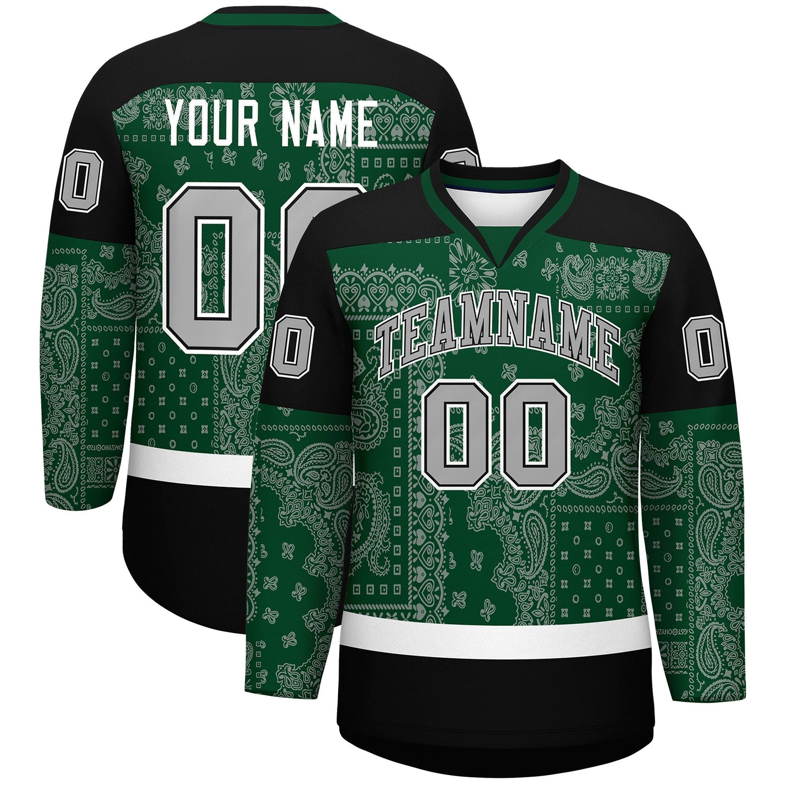 Custom Black Green White Cashew Flower Graffiti Pattern V-Neck Hockey Jersey| KXKSHOP