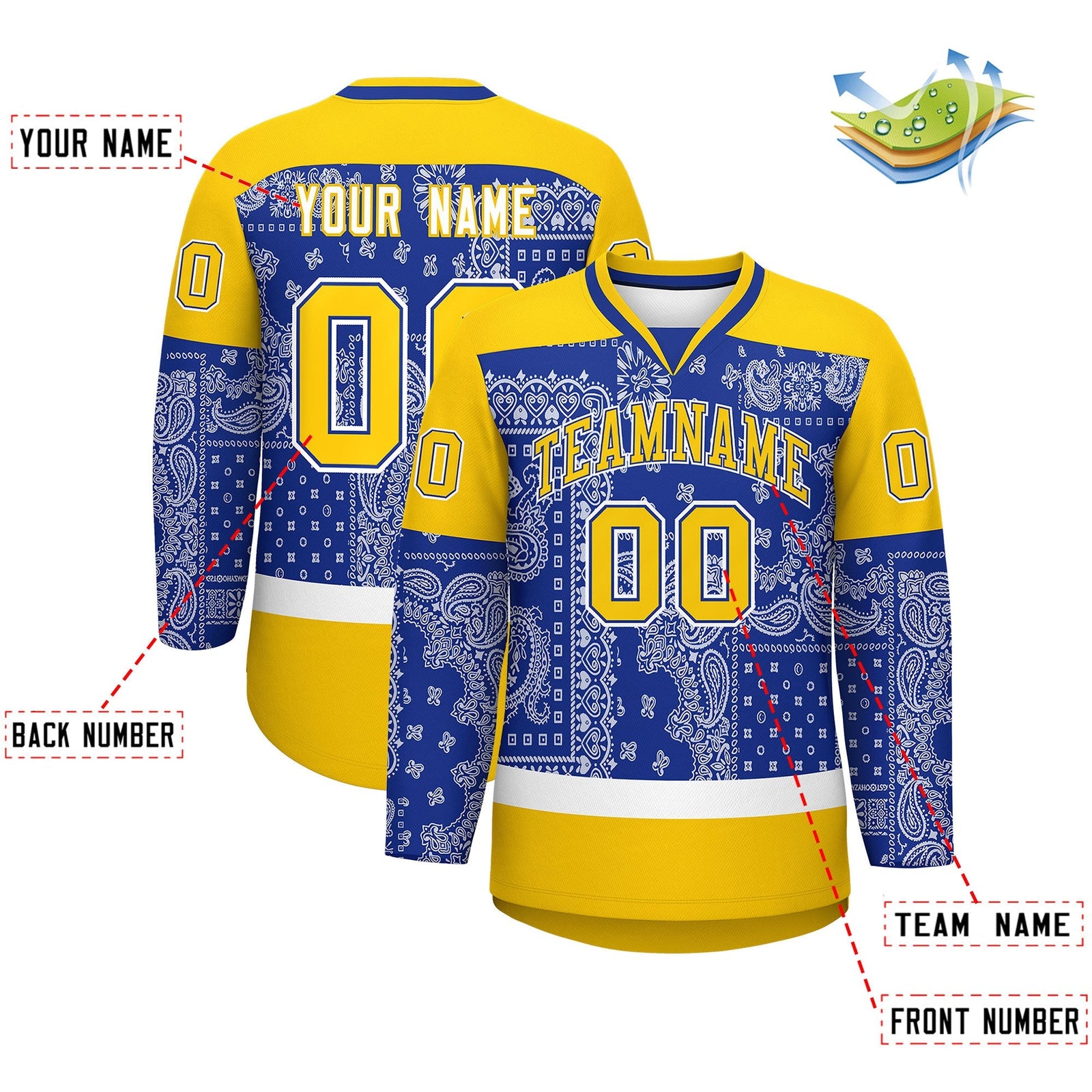 Custom Gold Royal White Cashew Flower Graffiti Pattern V-Neck Hockey Jersey| KXKSHOP