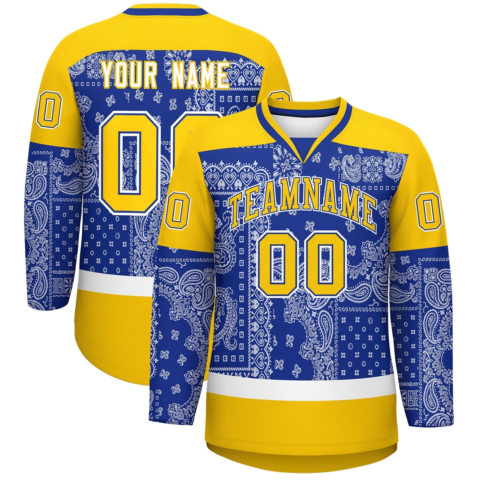 Custom Gold Royal White Cashew Flower Graffiti Pattern V-Neck Hockey Jersey| KXKSHOP