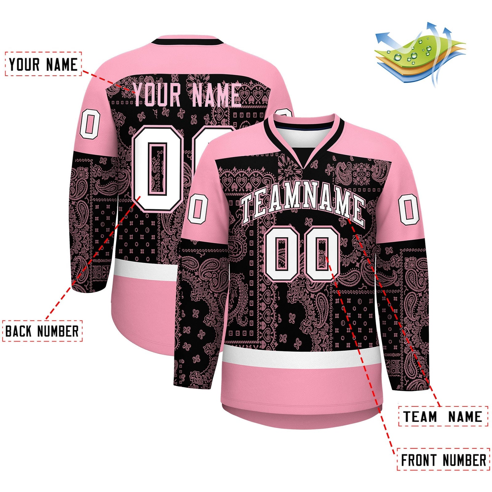 Custom Light Pink Black White Cashew Flower Graffiti Pattern V-Neck Hockey Jersey| KXKSHOP