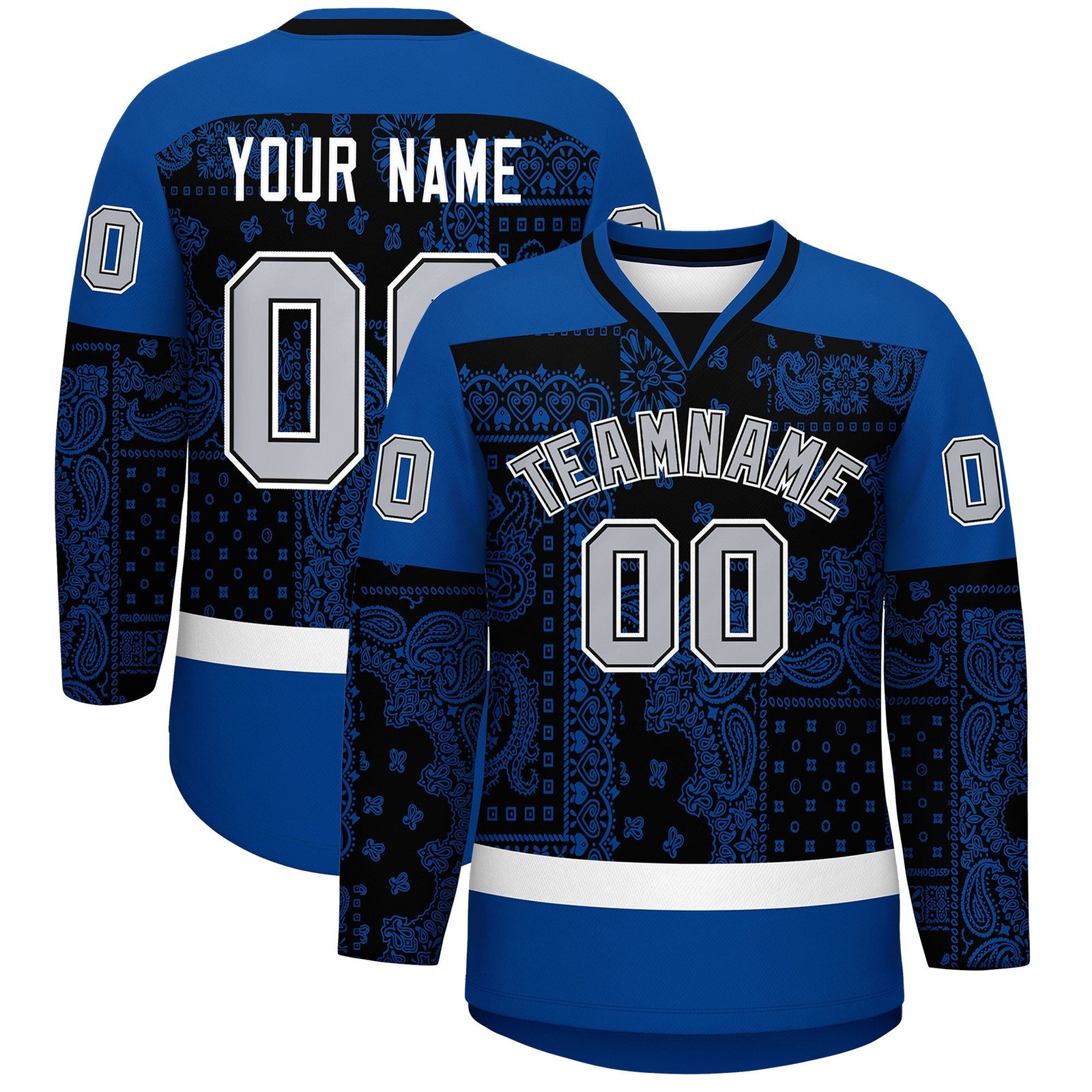 Custom Royal White Black Cashew Flower Graffiti Pattern V-Neck Hockey Jersey| KXKSHOP