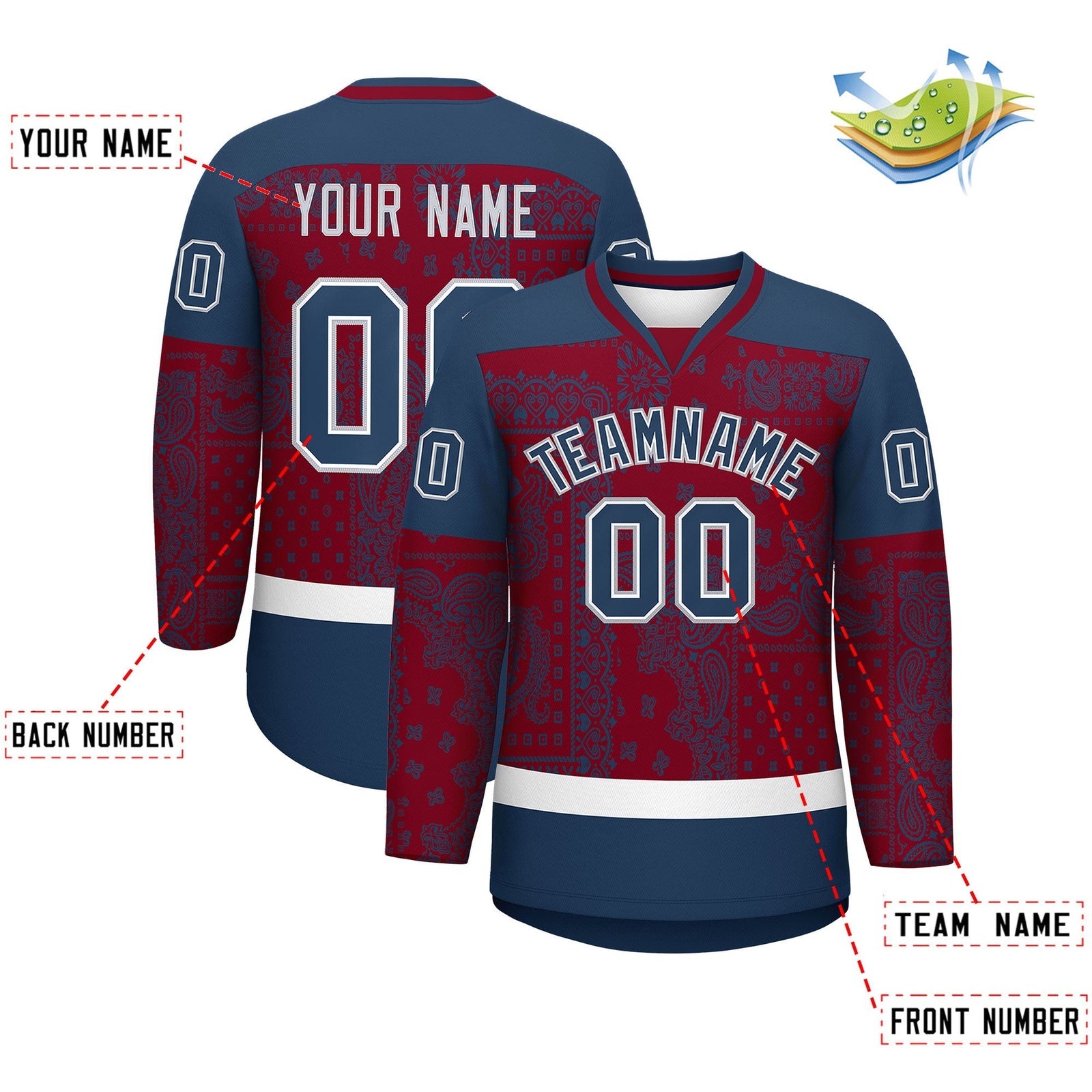 Custom Midnight Blue Crimson White Cashew Flower Graffiti Pattern V-Neck Hockey Jersey| KXKSHOP