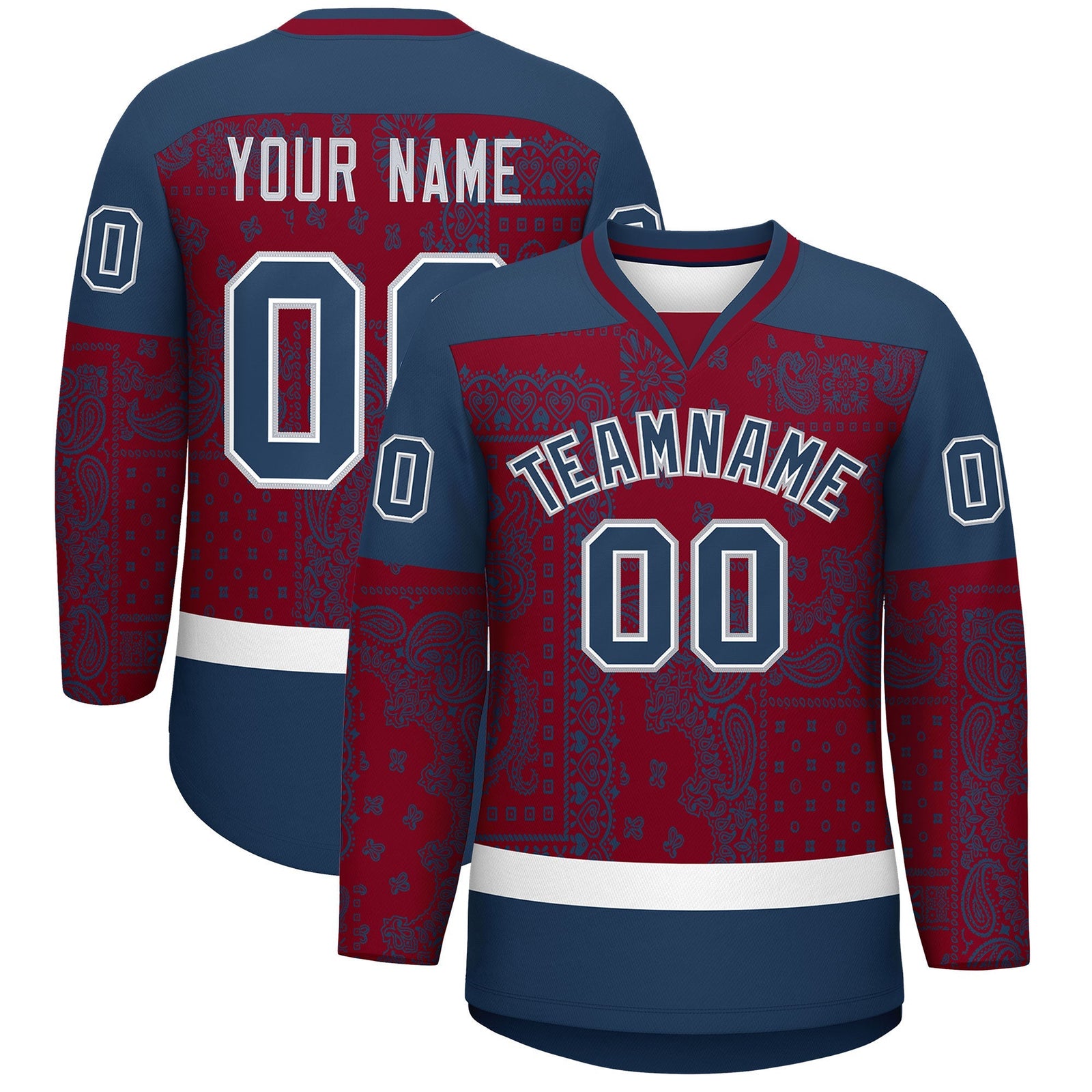 Custom Midnight Blue Crimson White Cashew Flower Graffiti Pattern V-Neck Hockey Jersey| KXKSHOP