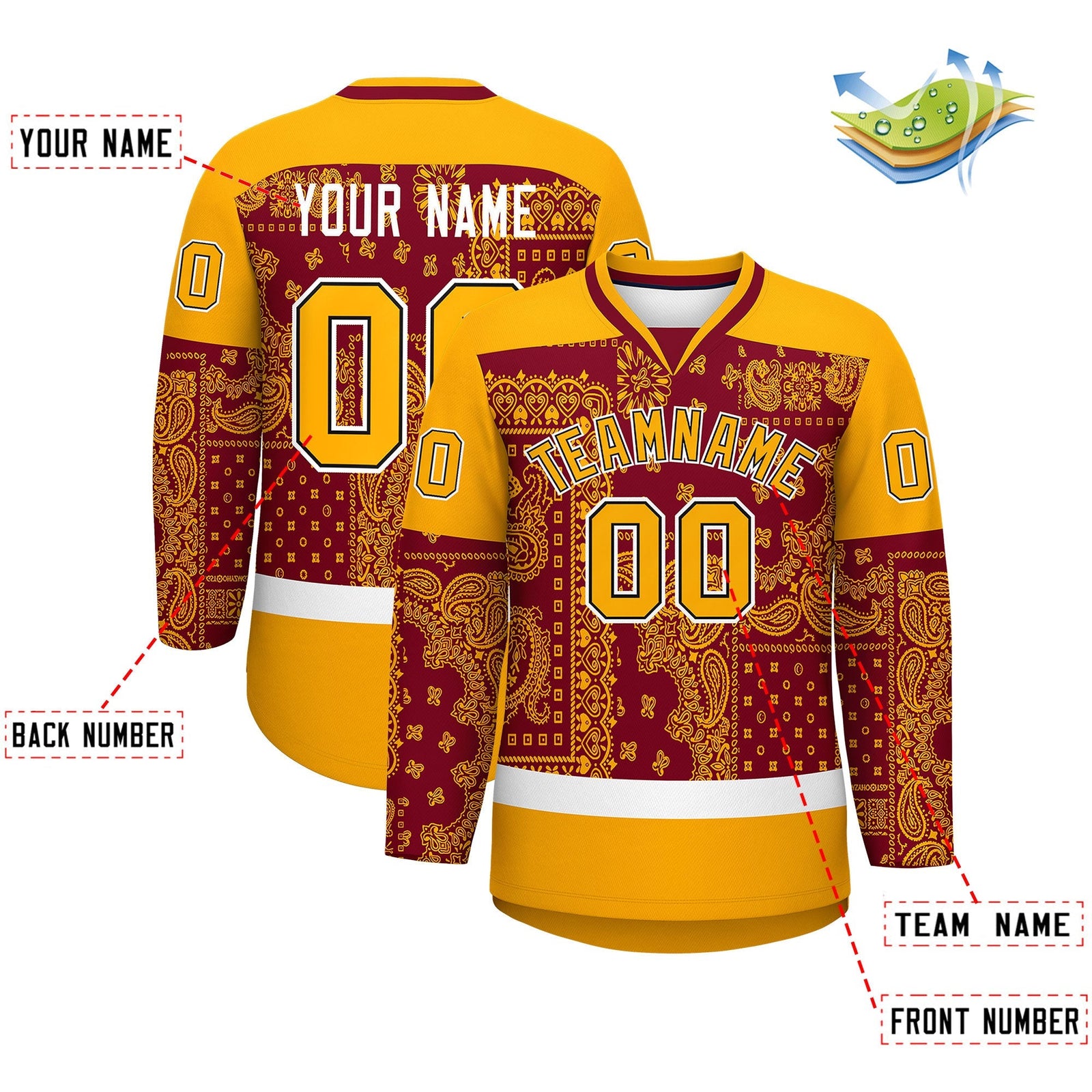Custom Yellow Crimson White Cashew Flower Graffiti Pattern V-Neck Hockey Jersey| KXKSHOP