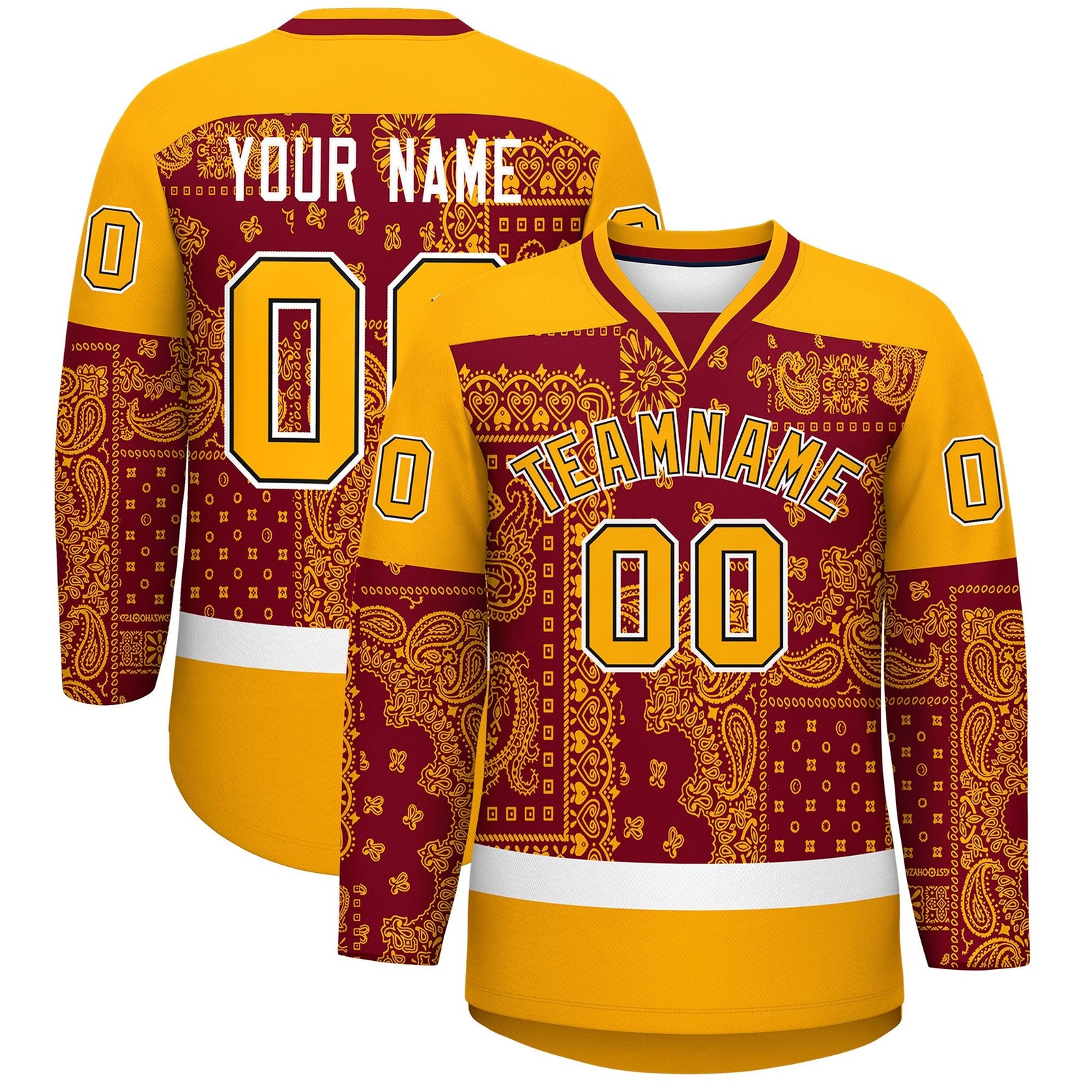Custom Yellow Crimson White Cashew Flower Graffiti Pattern V-Neck Hockey Jersey| KXKSHOP
