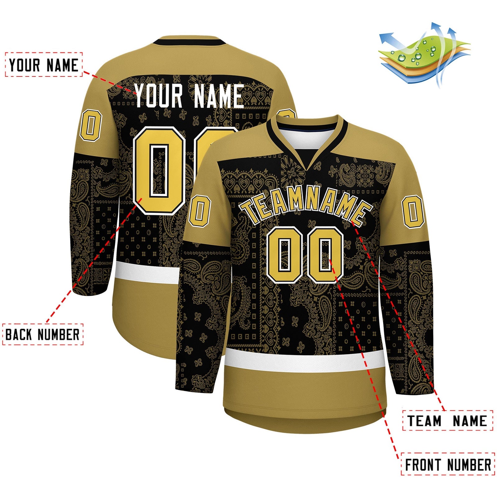 Custom Old Gold Black White Cashew Flower Graffiti Pattern V-Neck Hockey Jersey| KXKSHOP