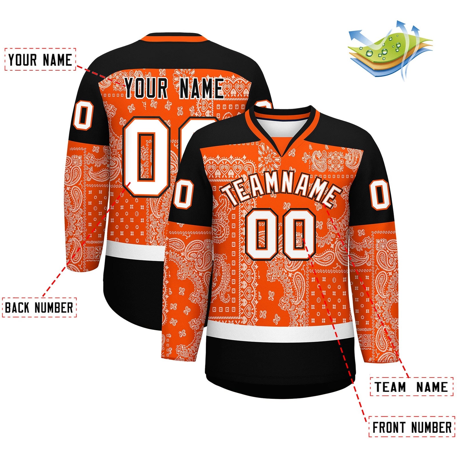 Custom Black Orange White Cashew Flower Graffiti Pattern V-Neck Hockey Jersey| KXKSHOP