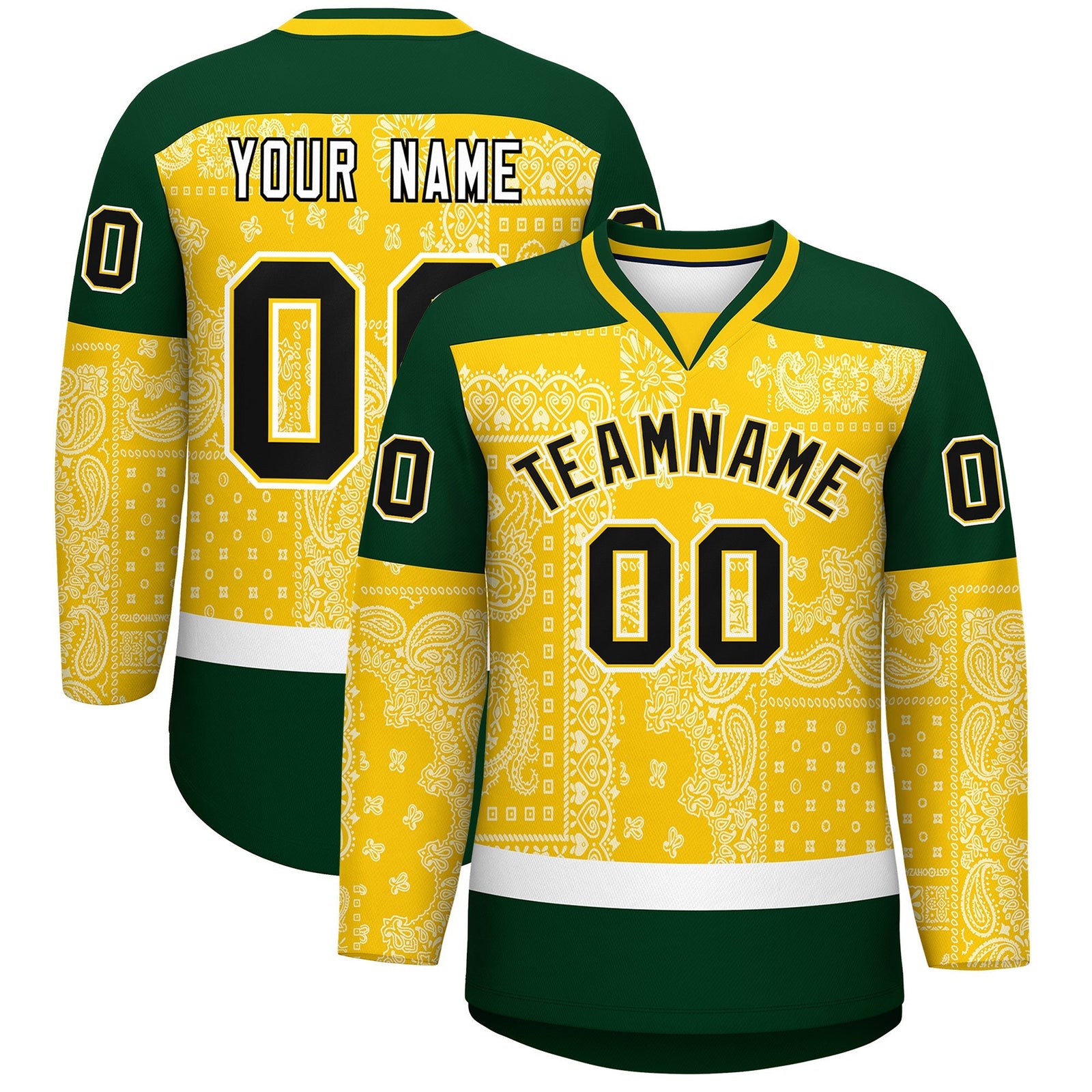 Custom Green Gold White Cashew Flower Graffiti Pattern V-Neck Hockey Jersey| KXKSHOP