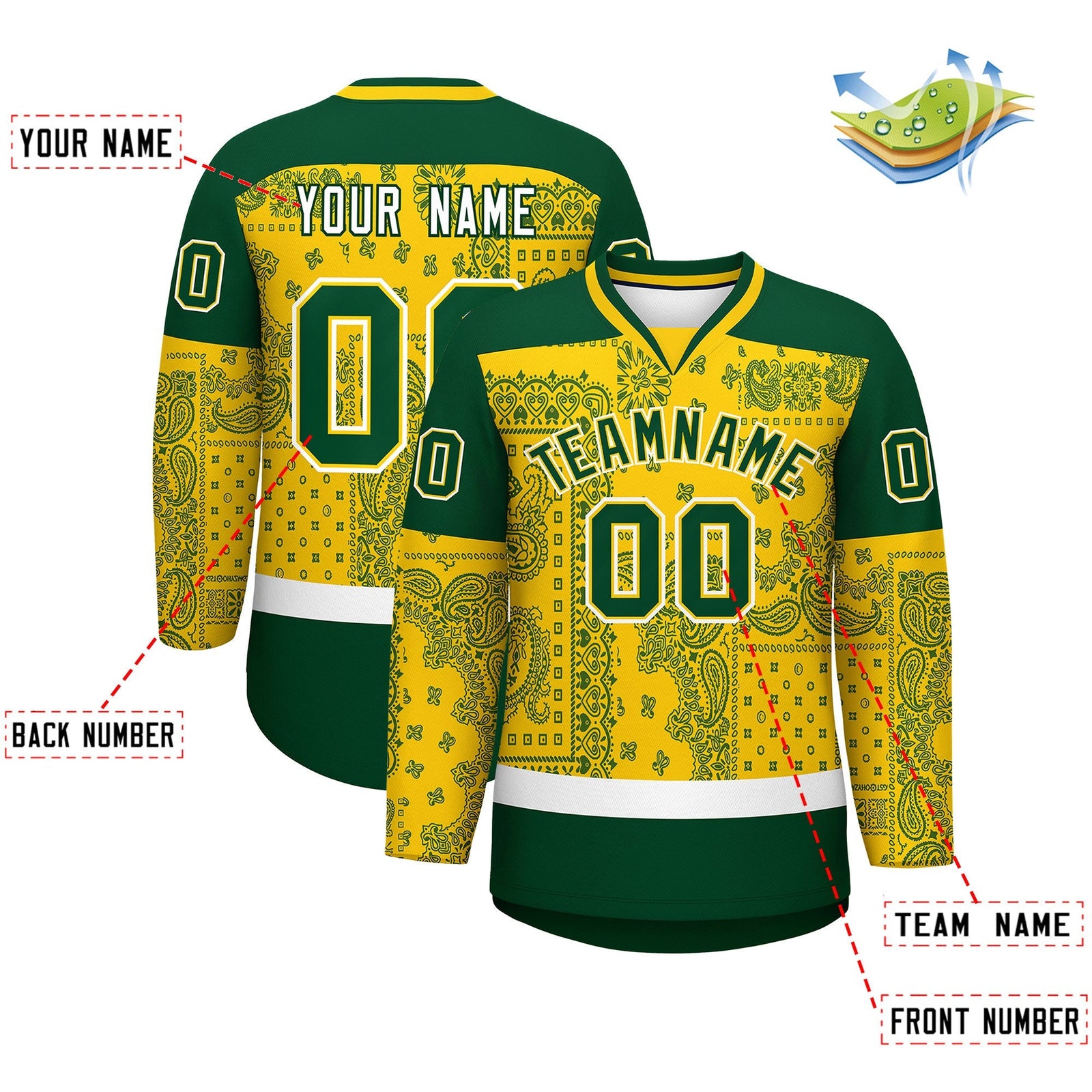 Custom Gold Green White Cashew Flower Graffiti Pattern V-Neck Hockey Jersey| KXKSHOP