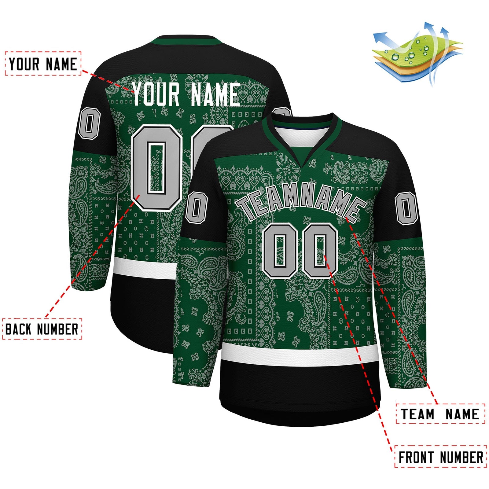 Custom Black Green White Cashew Flower Graffiti Pattern V-Neck Hockey Jersey| KXKSHOP