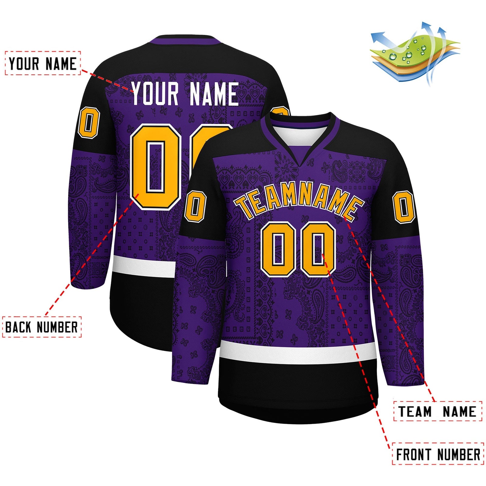 Custom Black Purple White Cashew Flower Graffiti Pattern V-Neck Hockey Jersey| KXKSHOP