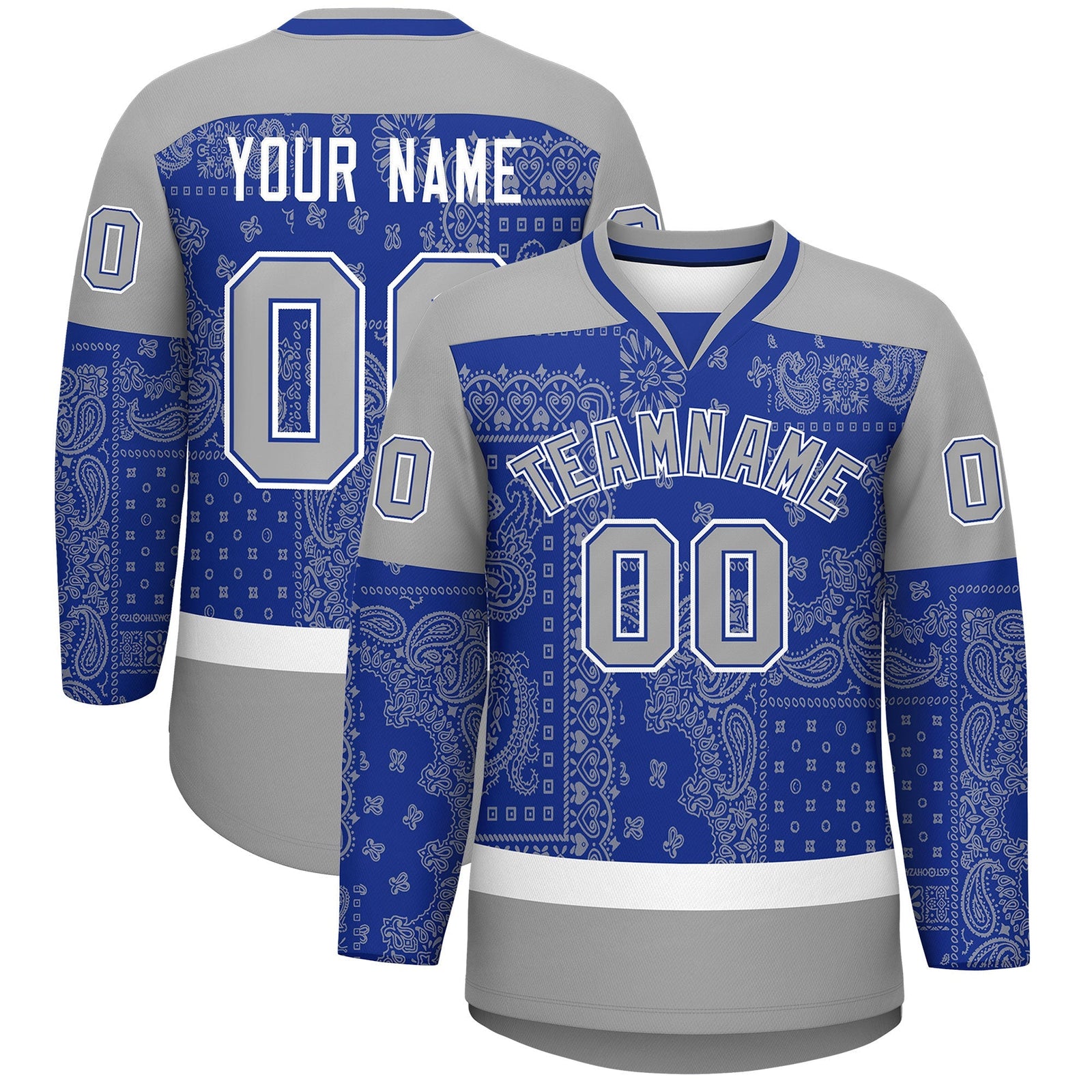 Custom Gray Royal White Cashew Flower Graffiti Pattern V-Neck Hockey Jersey| KXKSHOP