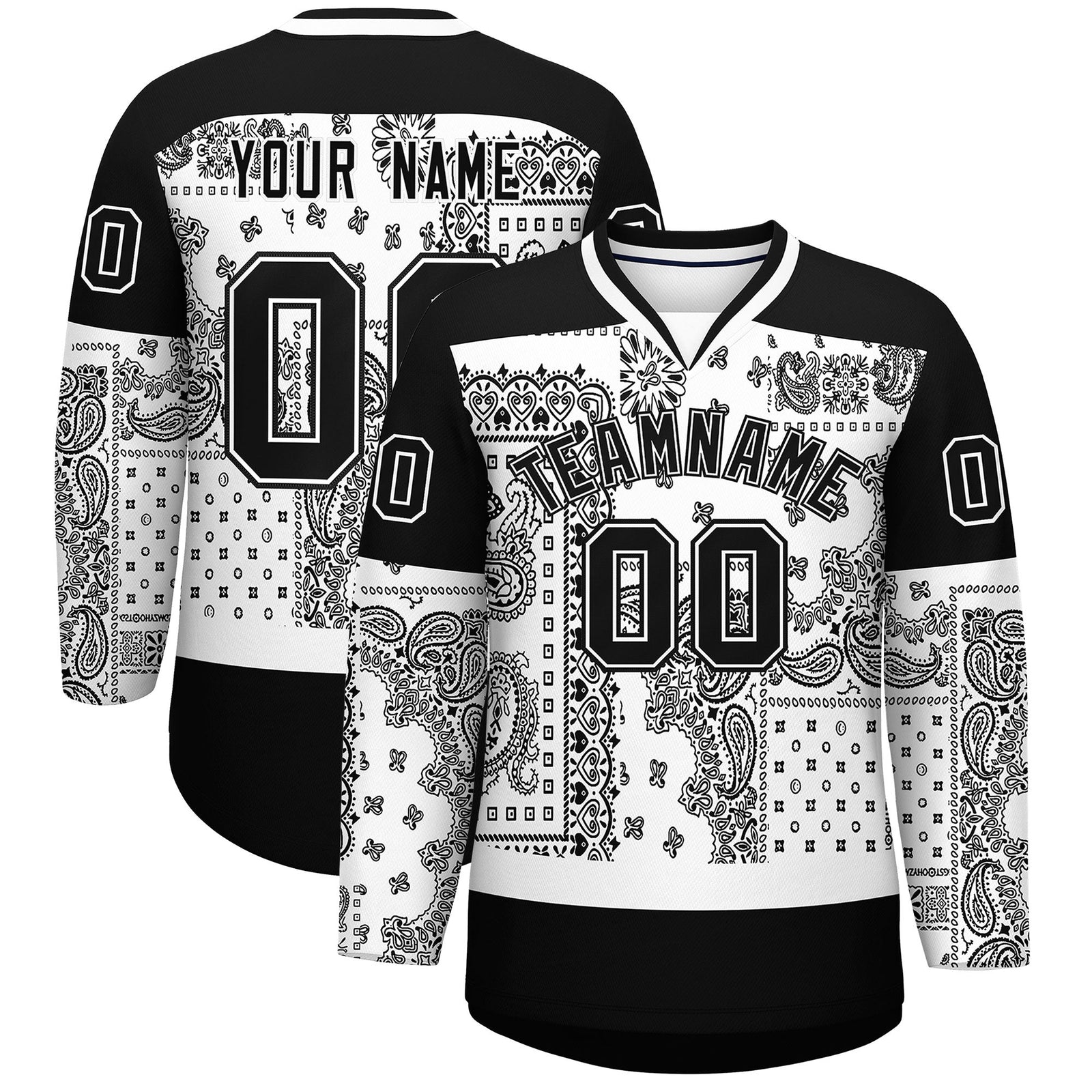 Custom Black White Cashew Flower Graffiti Pattern V-Neck Hockey Jersey| KXKSHOP