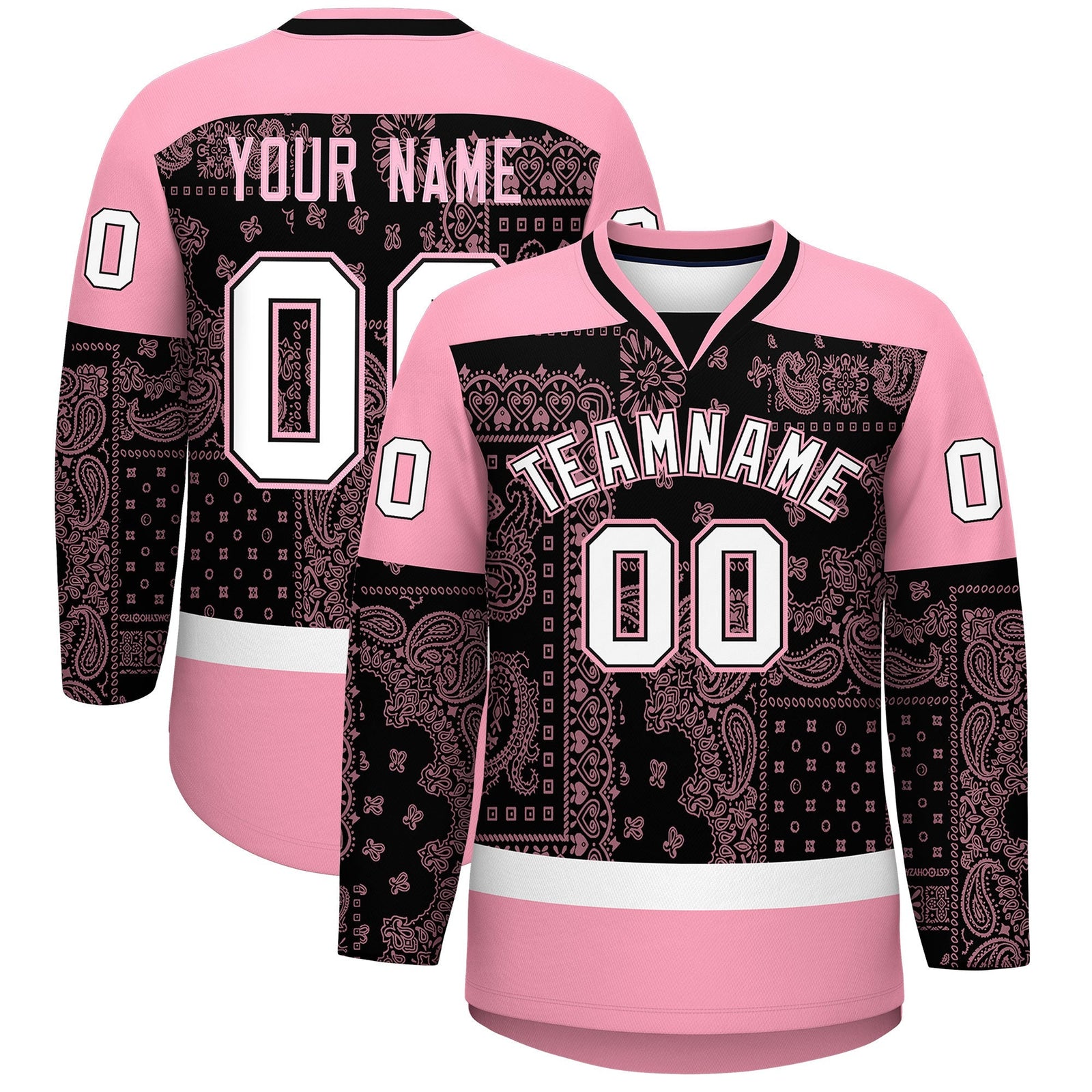 Custom Light Pink Black White Cashew Flower Graffiti Pattern V-Neck Hockey Jersey| KXKSHOP