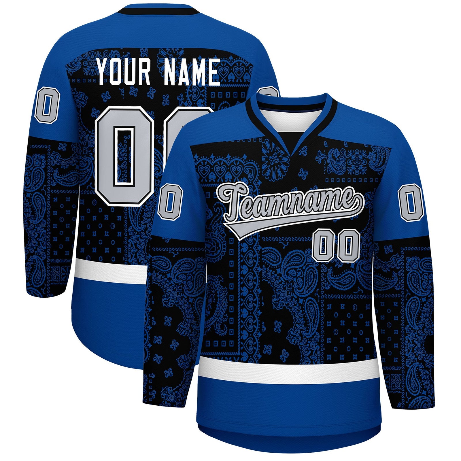 Custom Royal White Black Cashew Flower Graffiti Pattern V-Neck Hockey Jersey| KXKSHOP
