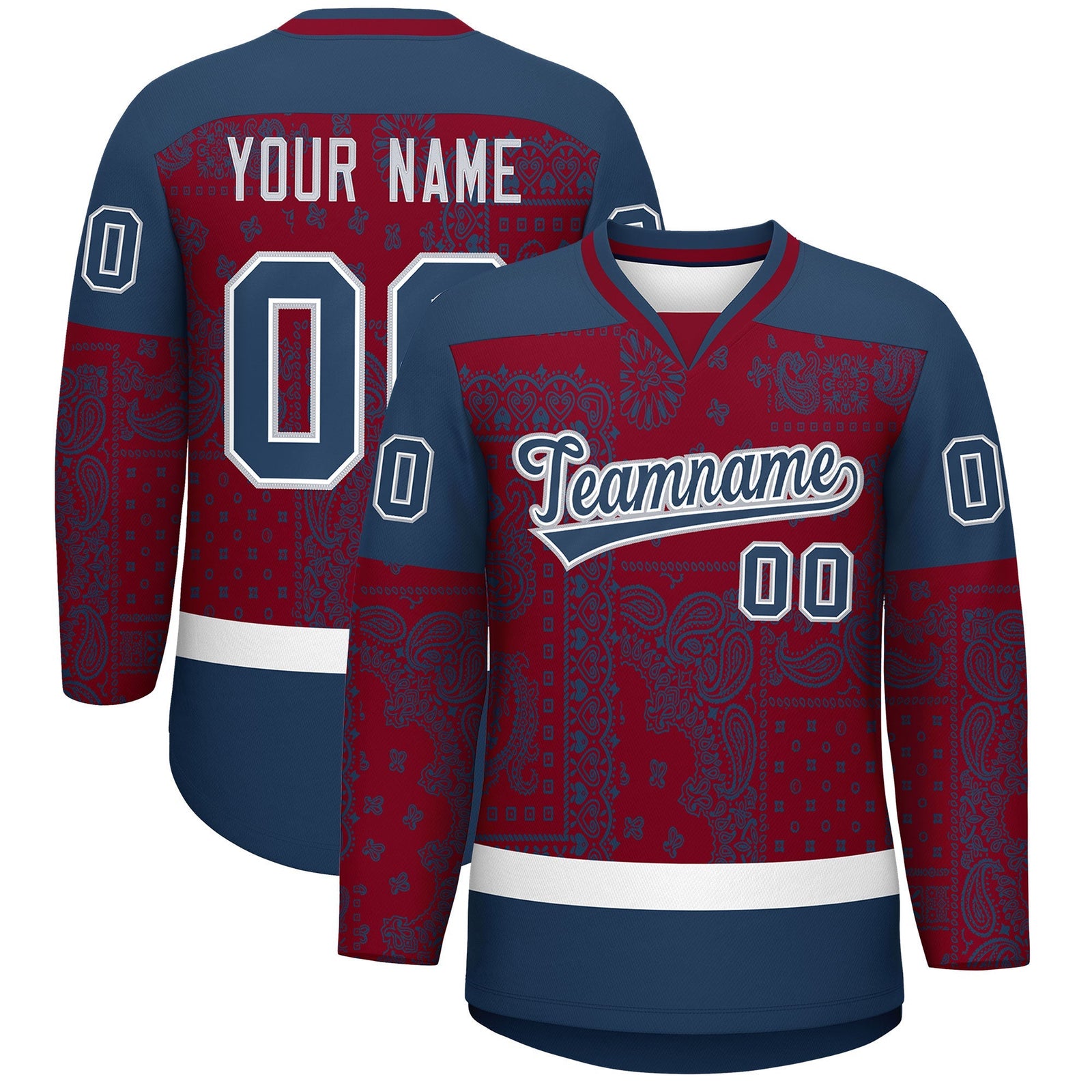 Custom Midnight Blue Crimson White Cashew Flower Graffiti Pattern V-Neck Hockey Jersey| KXKSHOP