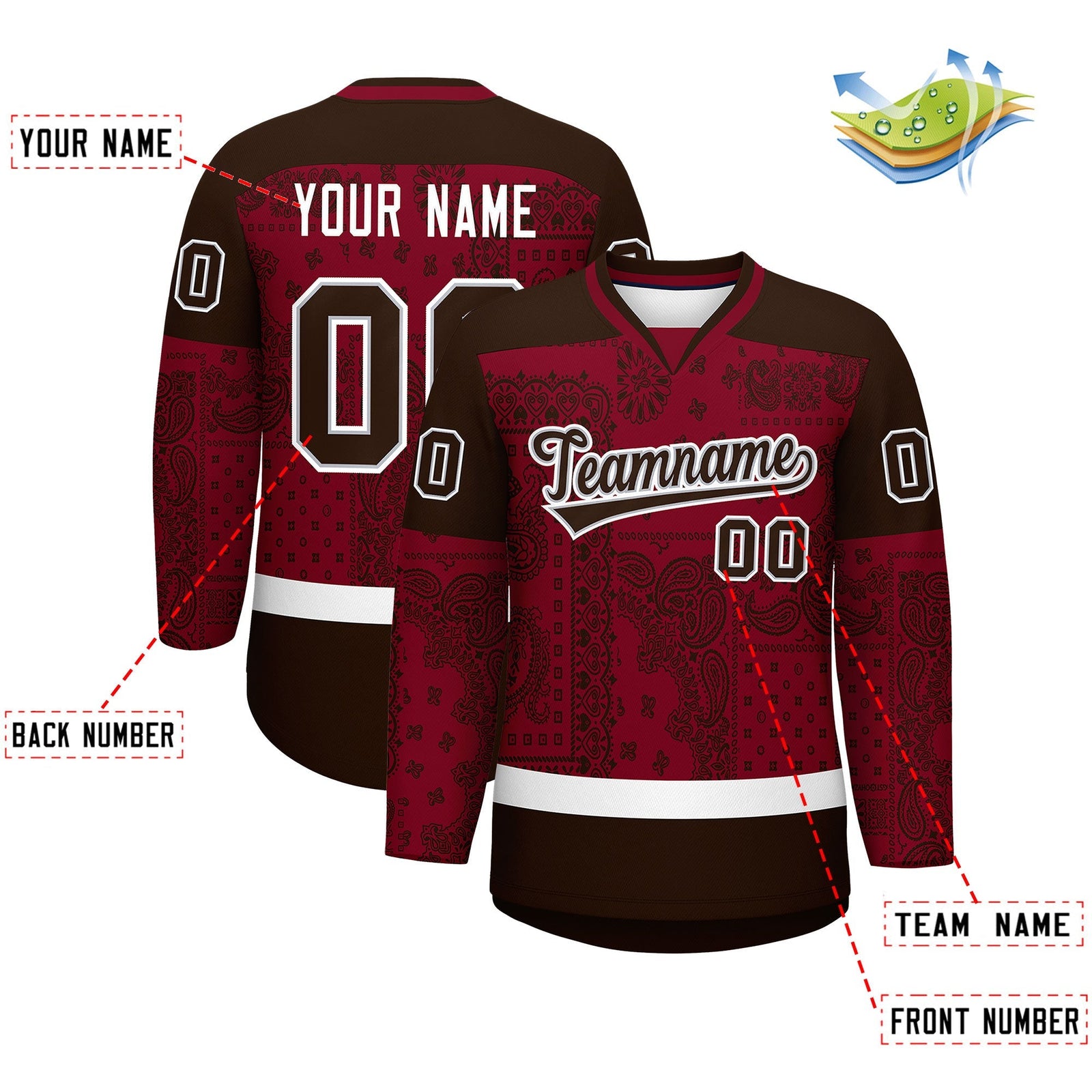 Custom Brown Crimson White Cashew Flower Graffiti Pattern V-Neck Hockey Jersey| KXKSHOP