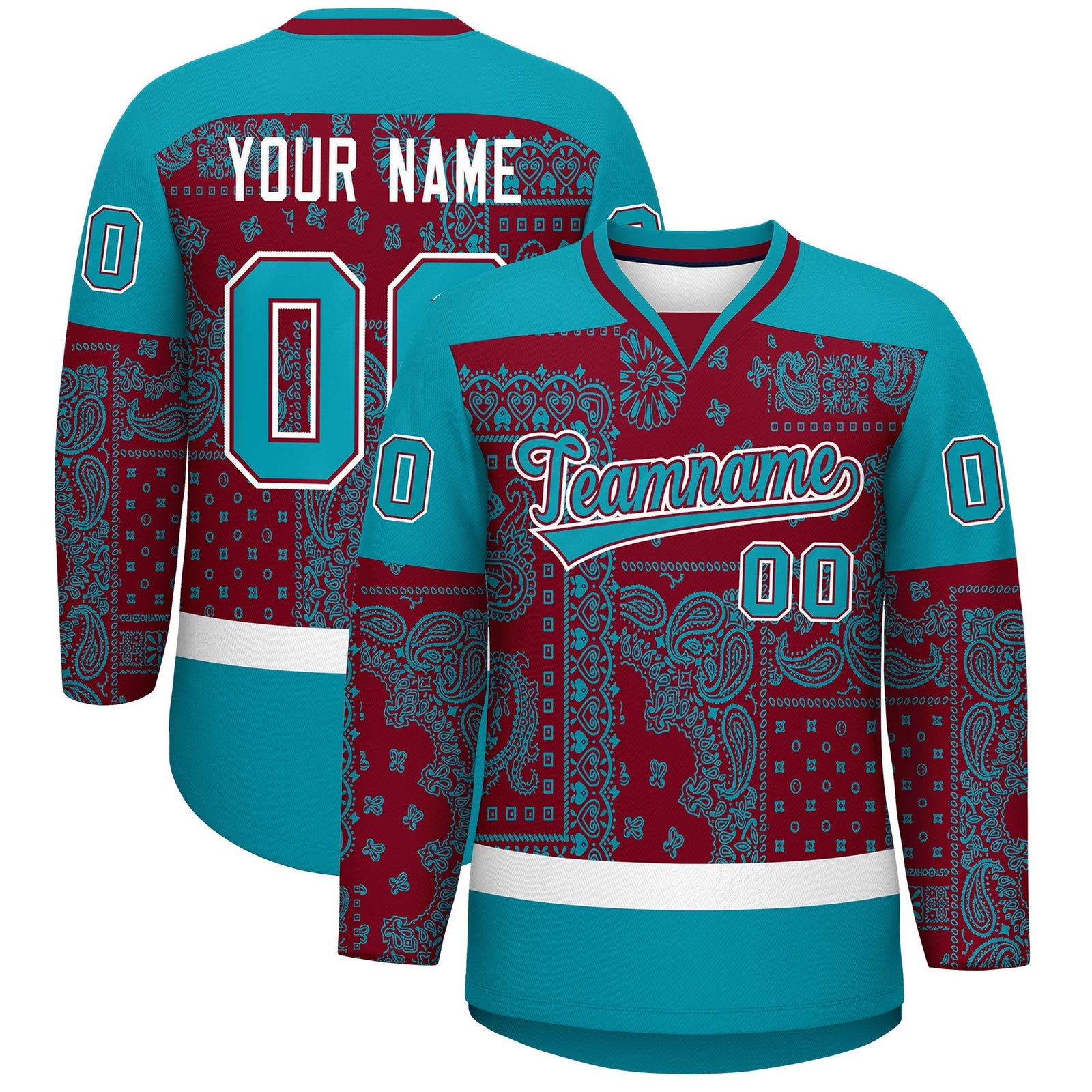 Custom Teal White Crimson Cashew Flower Graffiti Pattern V-Neck Hockey Jersey| KXKSHOP