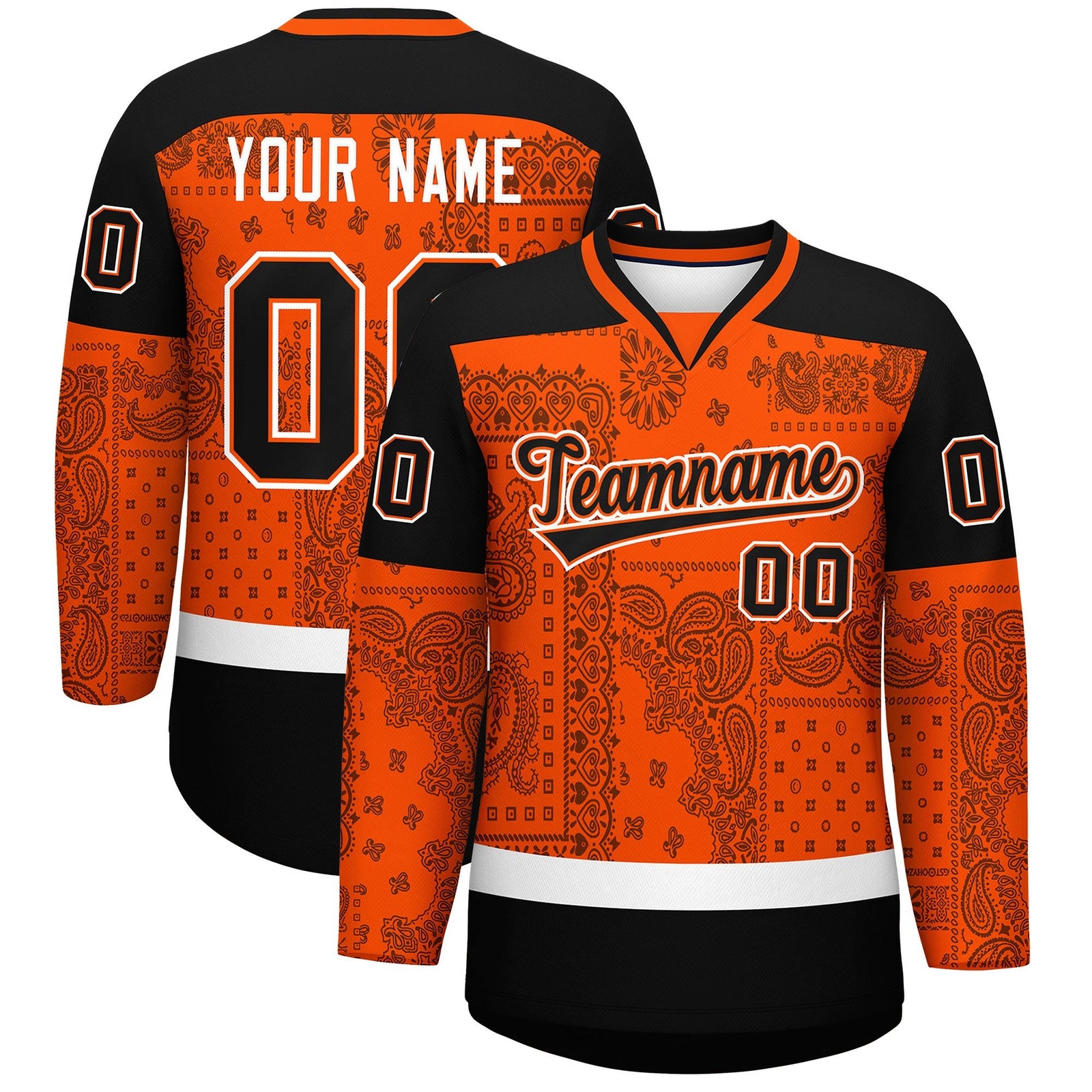 Custom Orange Black White Cashew Flower Graffiti Pattern V-Neck Hockey Jersey| KXKSHOP