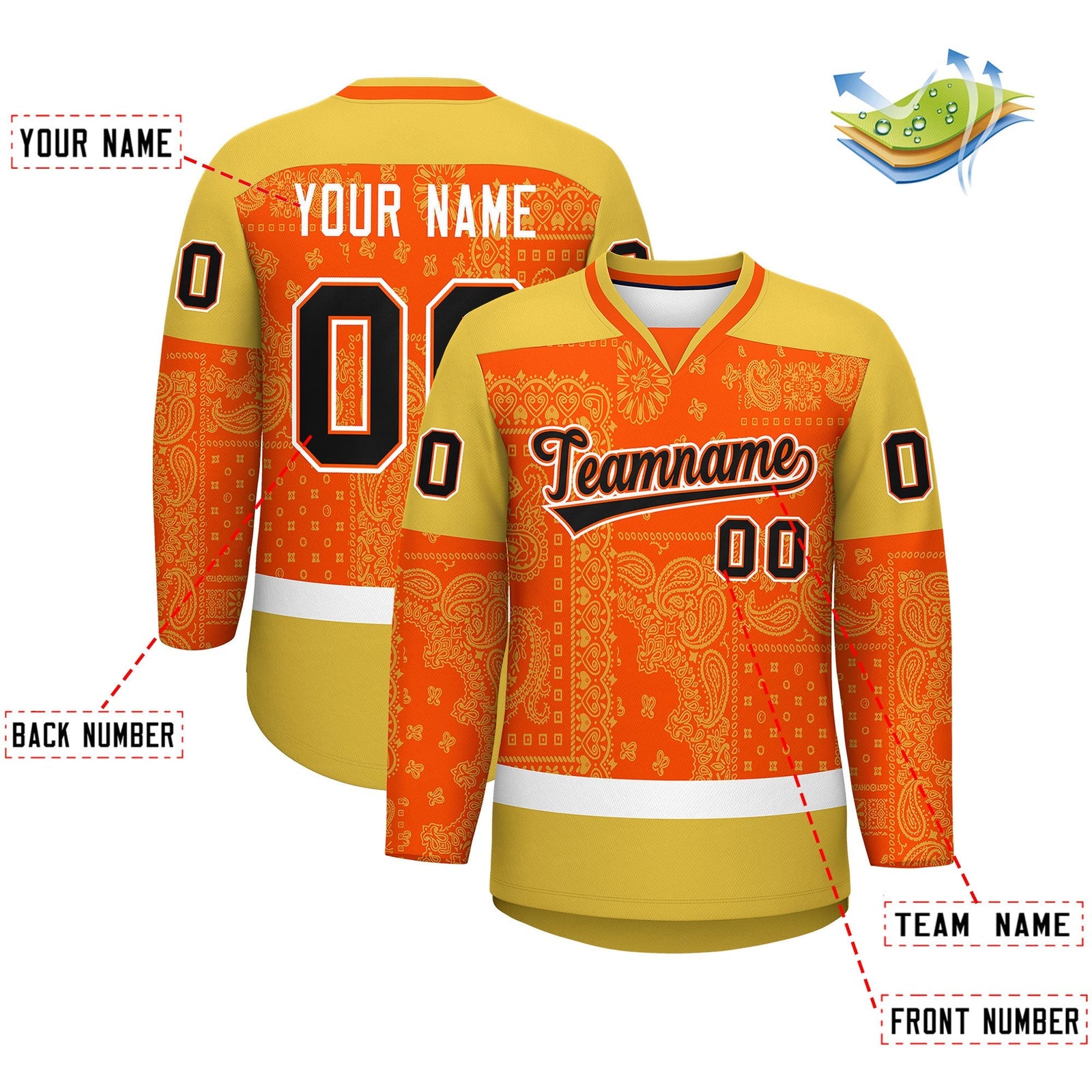 Custom Old Gold Orange White Cashew Flower Graffiti Pattern V-Neck Hockey Jersey| KXKSHOP
