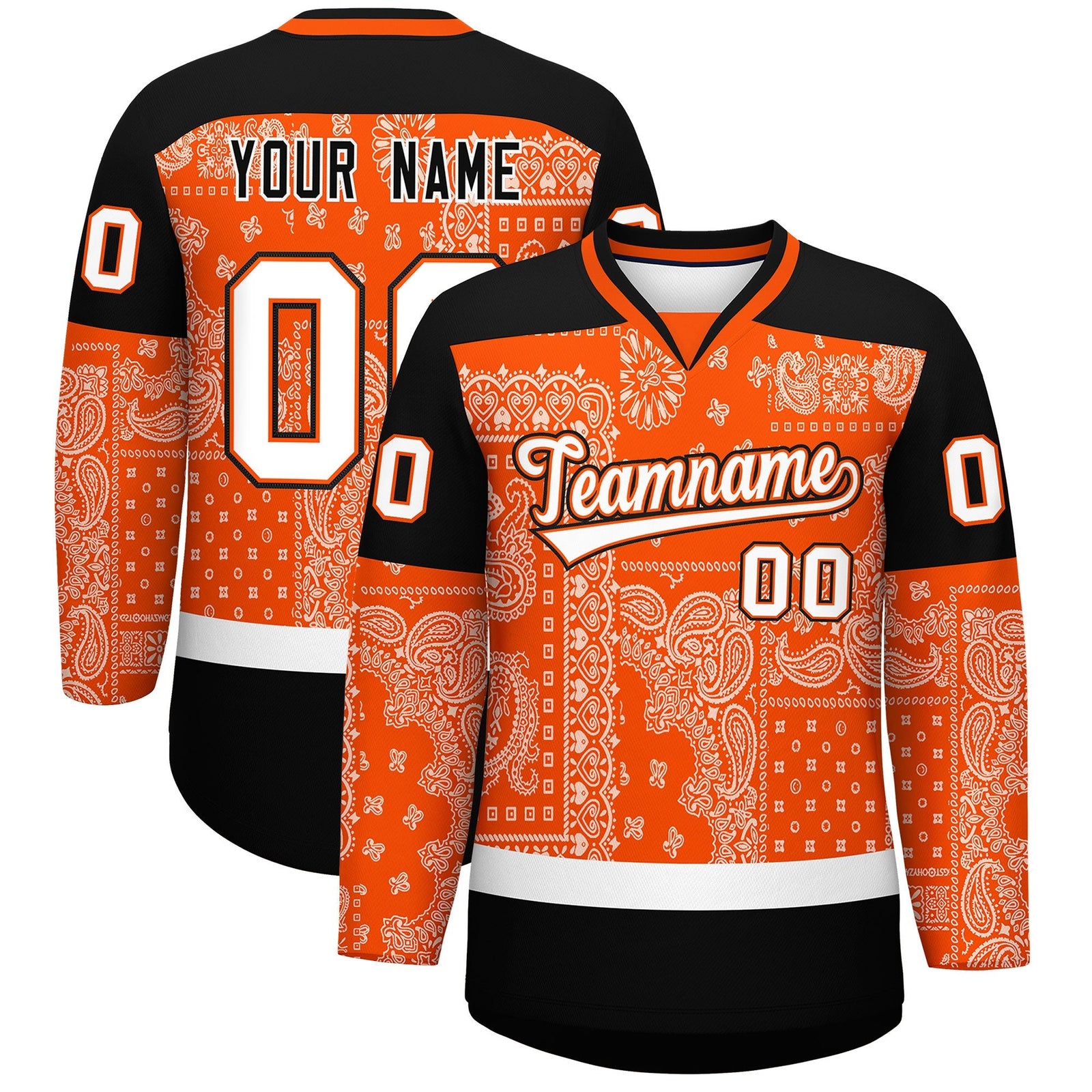 Custom Black Orange White Cashew Flower Graffiti Pattern V-Neck Hockey Jersey| KXKSHOP