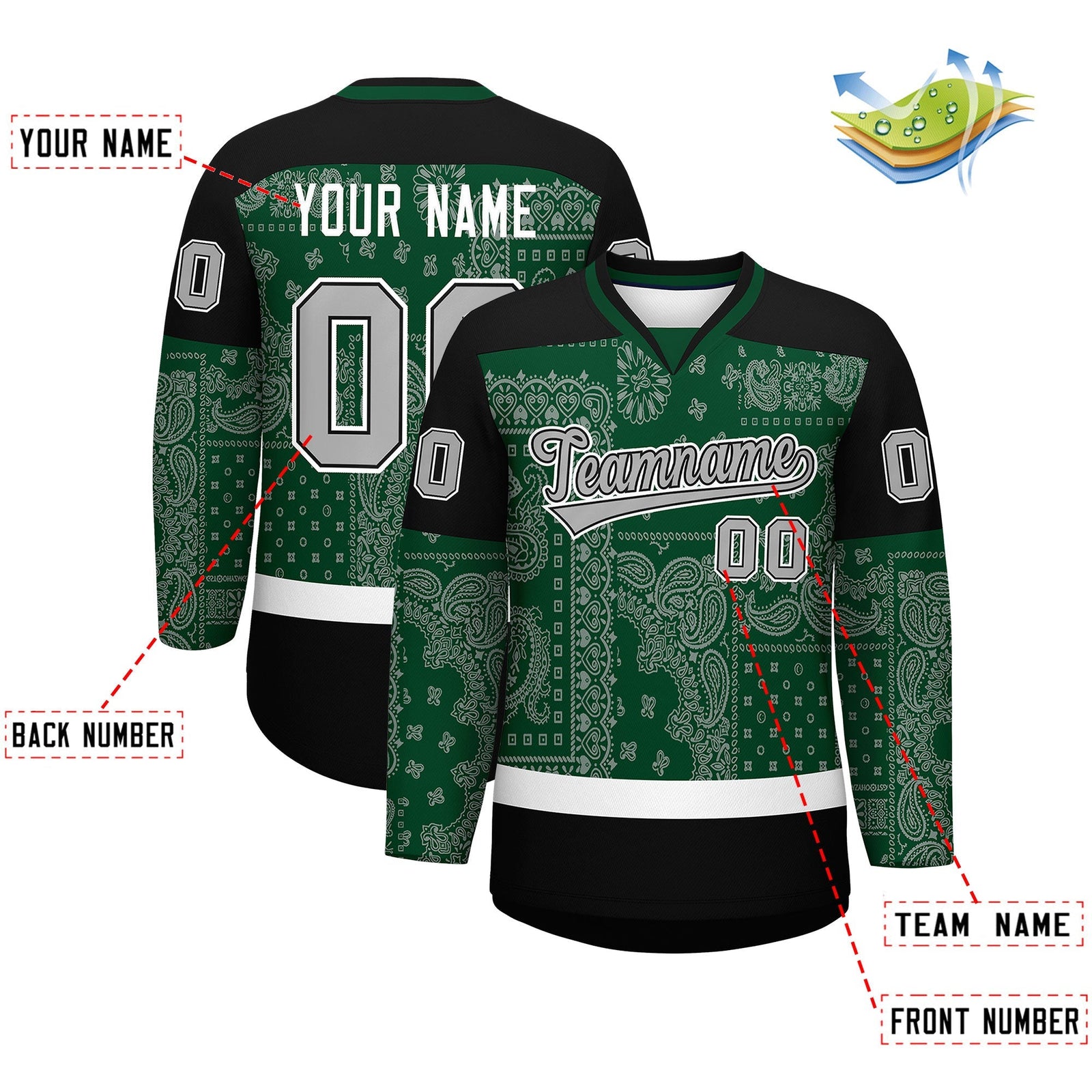 Custom Black Green White Cashew Flower Graffiti Pattern V-Neck Hockey Jersey| KXKSHOP