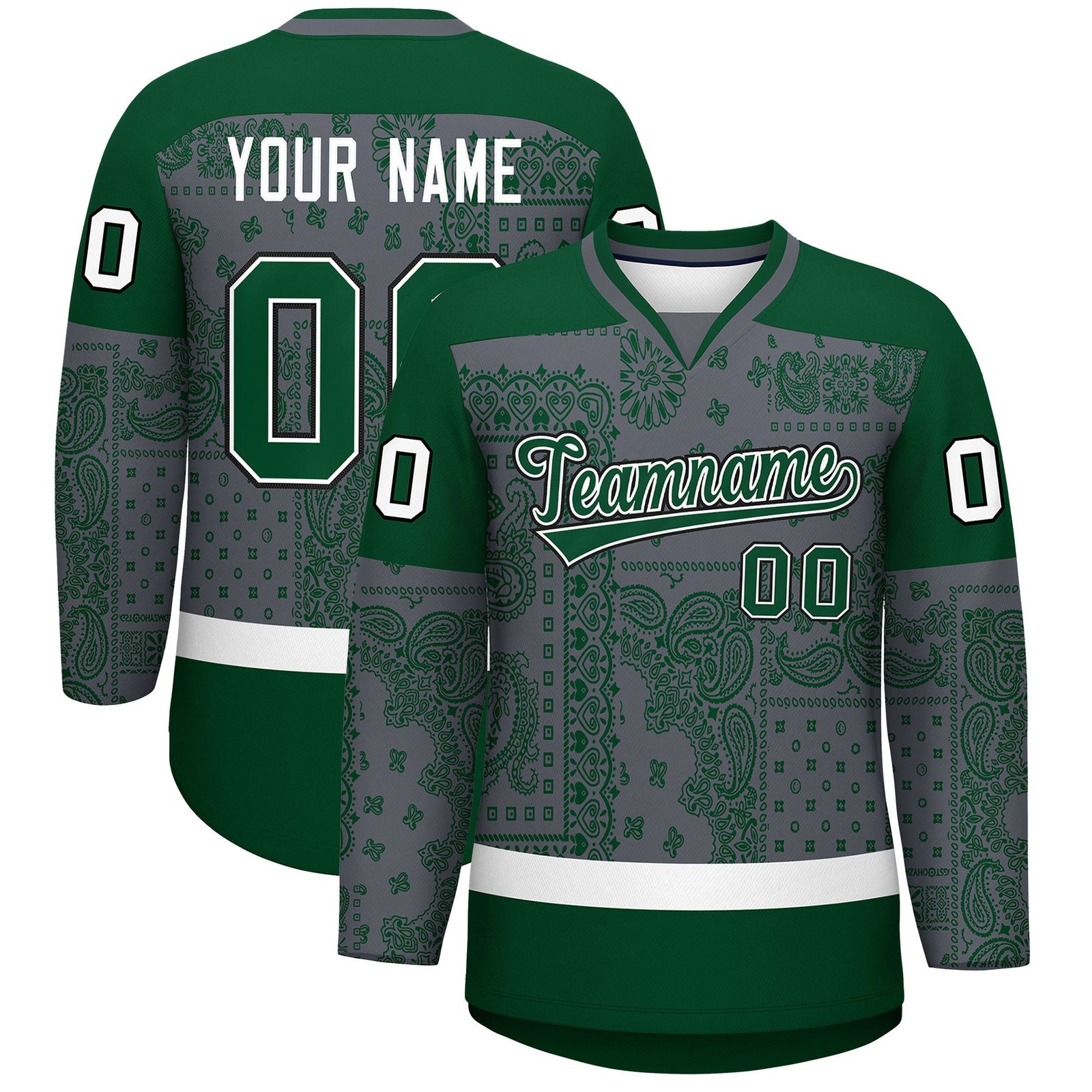 Custom Green Dark Gray White Cashew Flower Graffiti Pattern V-Neck Hockey Jersey| KXKSHOP