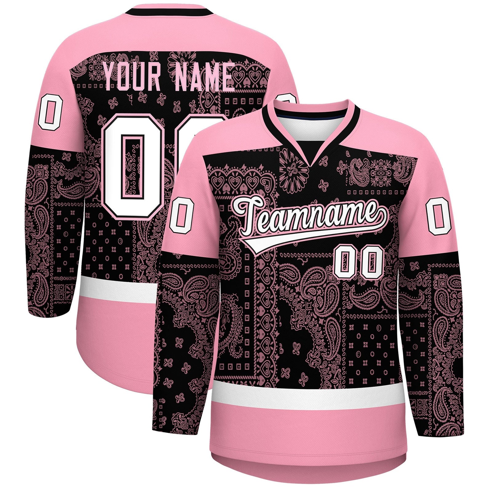 Custom Light Pink Black White Cashew Flower Graffiti Pattern V-Neck Hockey Jersey| KXKSHOP