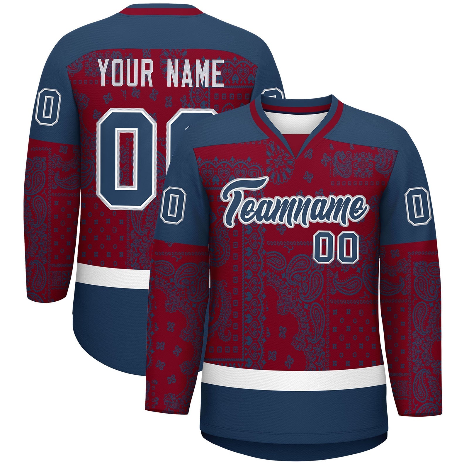 Custom Midnight Blue Crimson White Cashew Flower Graffiti Pattern V-Neck Hockey Jersey| KXKSHOP