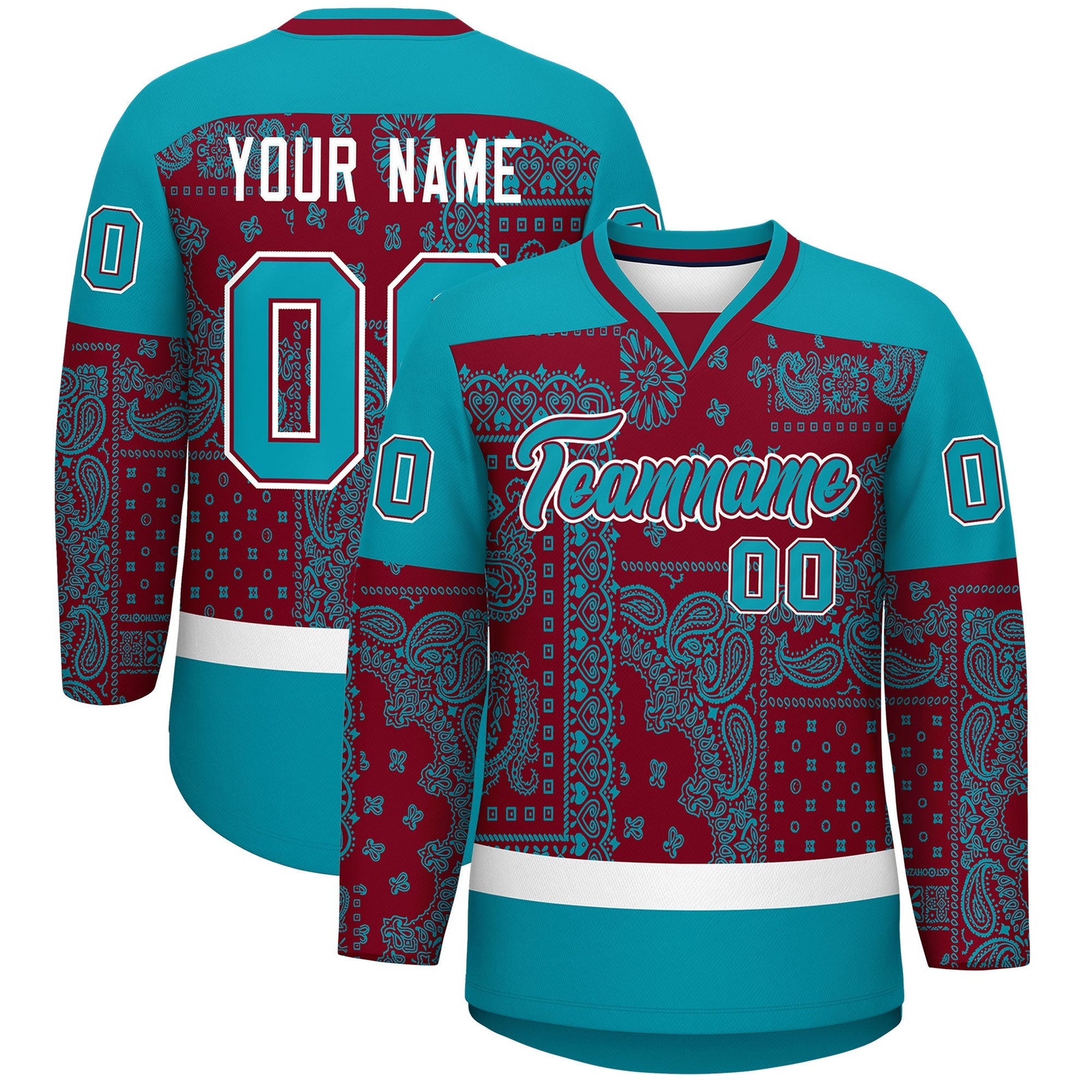 Custom Teal White Crimson Cashew Flower Graffiti Pattern V-Neck Hockey Jersey| KXKSHOP